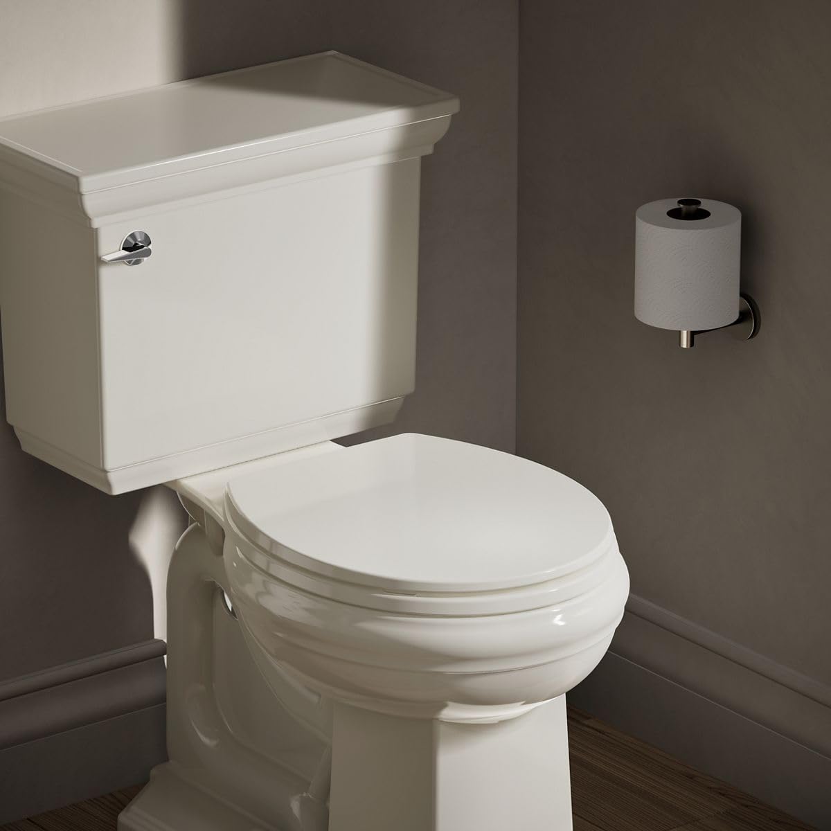 KOHLER 20111-96 Brevia, Slow Close Toilet Seat, Round Toilet Seat, Grip-Tight Bumpers Quick-Attach Hardware, Biscuit