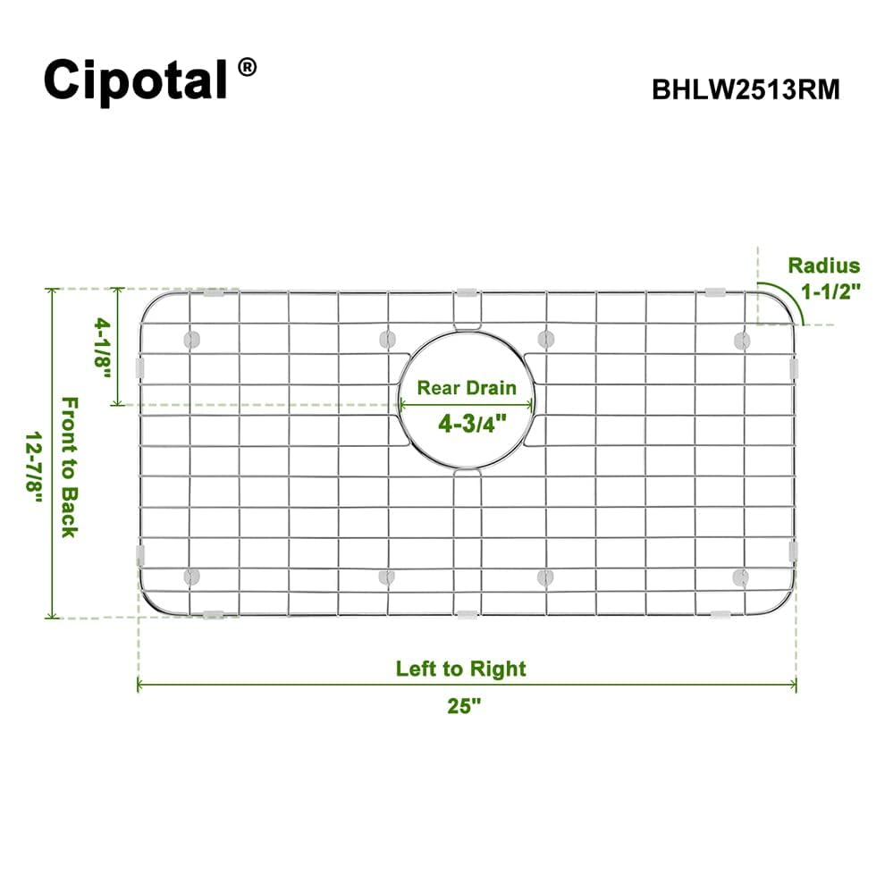 CIPOTAL 25.1 in. x 12.5 in. Rear Drain Kitchen Sink Bottom Grid with Supersoft Silicone Feet in 304 Grade Stainless Steel