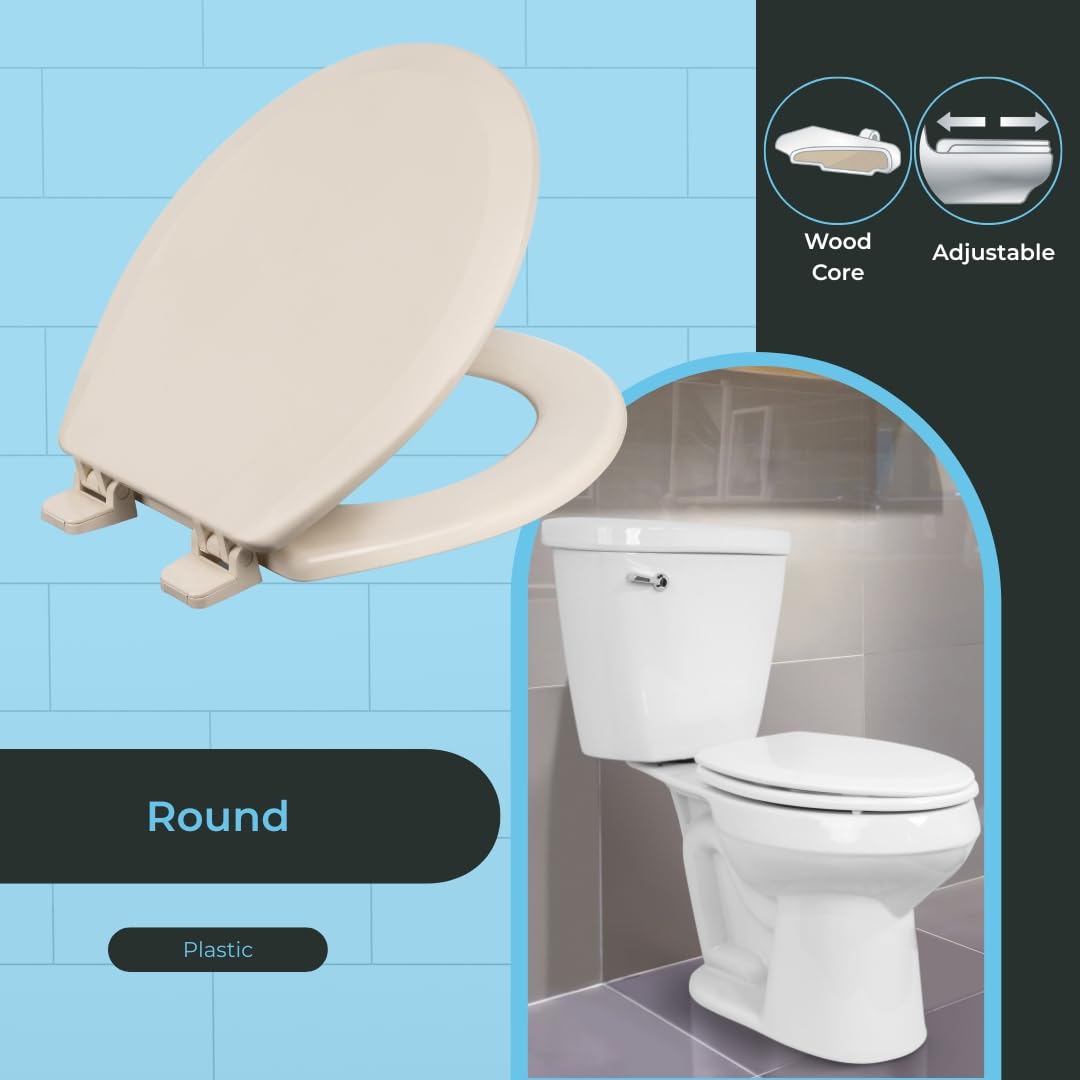 Centoco Heavy-Duty Elongated Toilet Seat, Wood Core with Scratch-Resistant Plastic Finish, Won't Crack or Fade, Residential, Made in the USA, DSAMAZ9-106, Bone