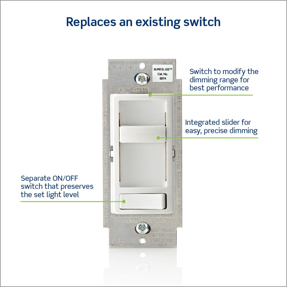 Leviton SureSlide Dimmer Switch for Dimmable LED, Halogen and Incandescent Bulbs, 6674-P0T, Light Almond