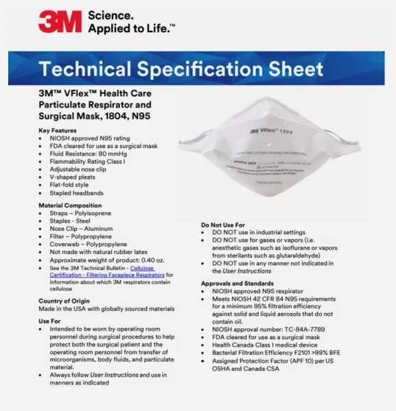 Particulate Respirator & Surgical Mask, N95, VFlex, Level 1, Flat-Fold, Metal Nose Clip, S, PK50