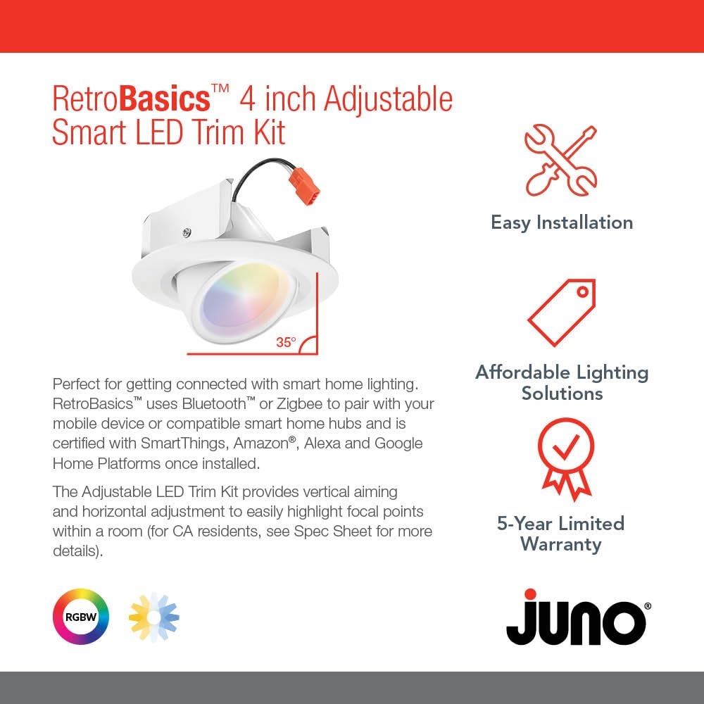 Juno RB56AC RGBW MW M6 RetroBasic Connect Adjustable LED Downlight, Dynamic Color Red, Green, Blue, White, Includes E26 Socket Adaptor, Matte White, 5-Inch to 6-Inch