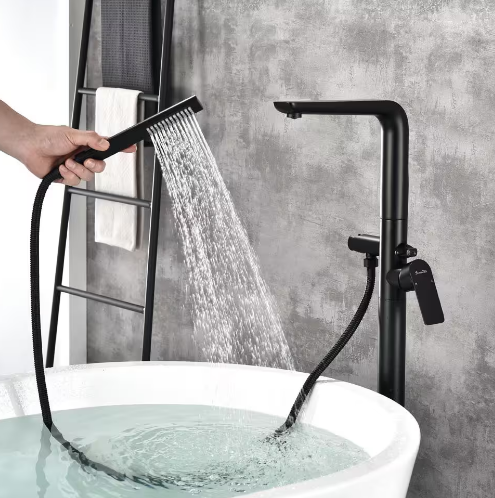 Floor Mount Free Standing Bathroom Tub Faucet with Handheld Shower, Matte Black