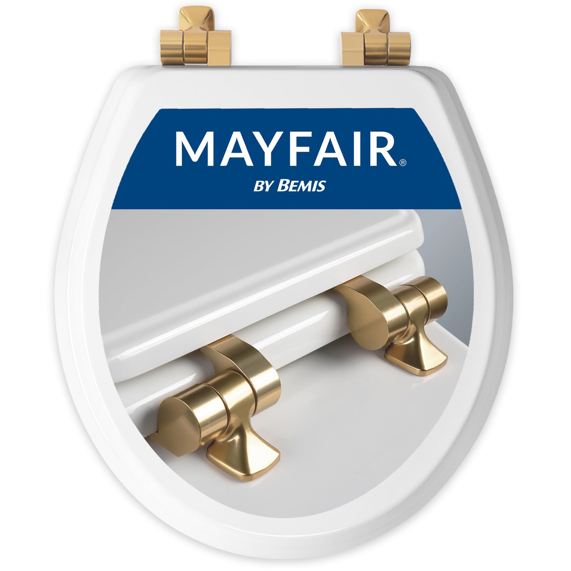 Mayfair Bennett Toilet Seat with Brushed Gold Hinges, Slow Close Wood Seat, Secure Metal Hinges, Easy Install, Made in USA, Round, White