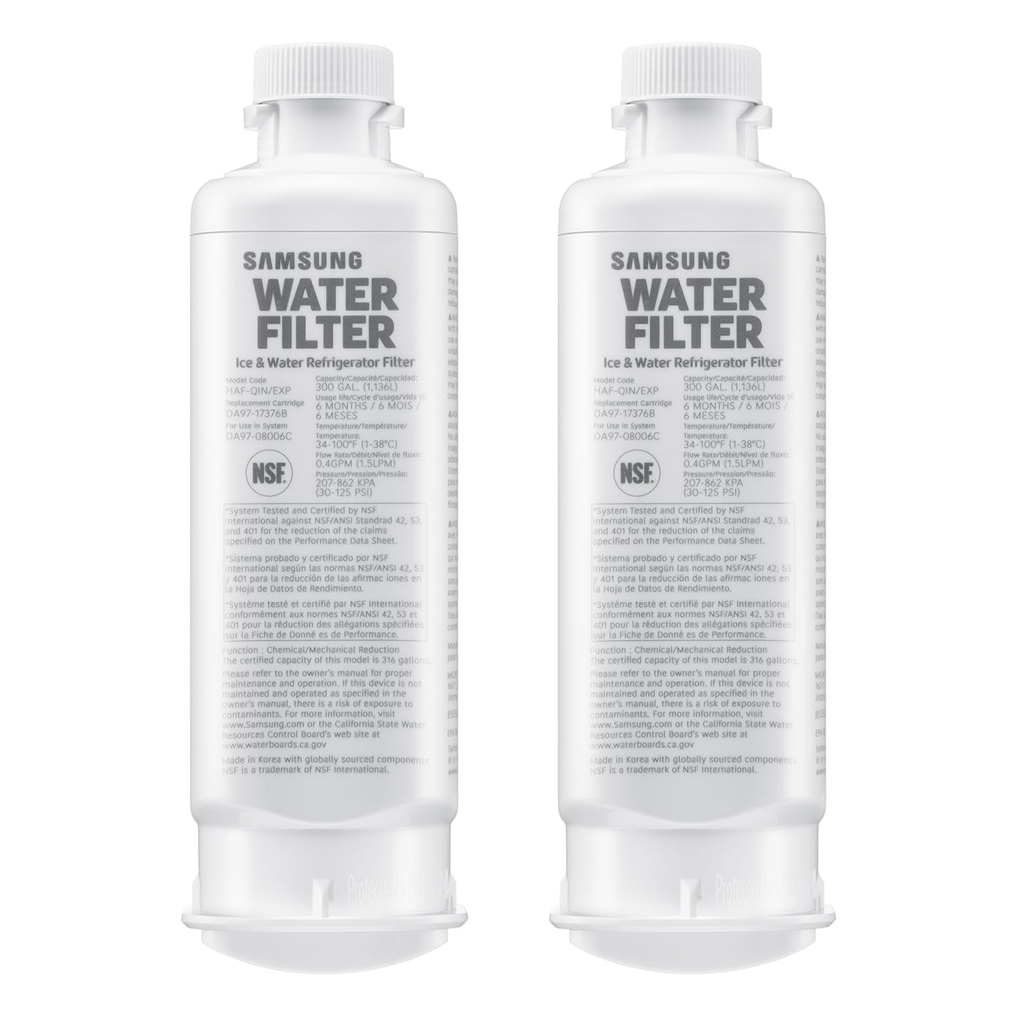 Samsung HAF-QIN-2P/EXP Genuine Refrigerator Water Filter, Reduces 99% of Harmful Contaminants for Clean, Clear Drinking Water, 6-Month Life, Easy Install, Pack of 2