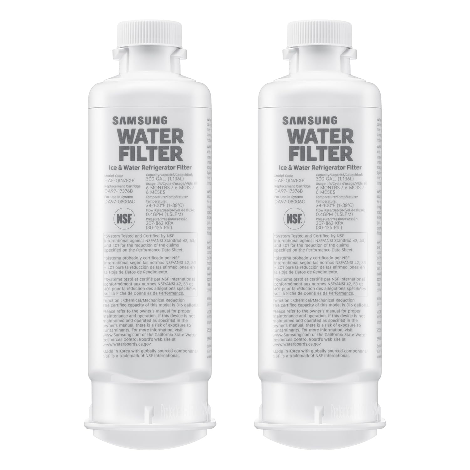 Samsung HAF-QIN-2P/EXP Genuine Refrigerator Water Filter, Reduces 99% of Harmful Contaminants for Clean, Clear Drinking Water, 6-Month Life, Easy Install, Pack of 2