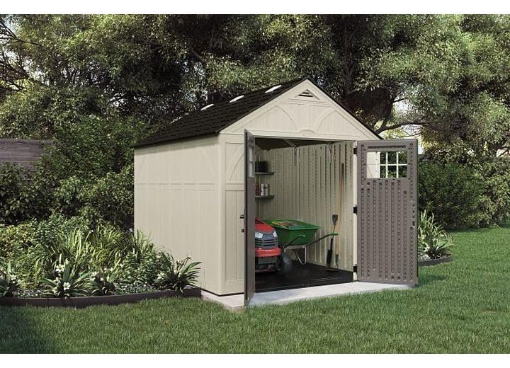Suncast 8x10 Ft. Outdoor Storage Shed - Large Resin Outdoor Shed with Floor Included, Lockable Double Doors & Skylights. 547 Cu Ft Tremont Garden Resin Sheds for Lawn Tools, Riding Mowers, & Bikes