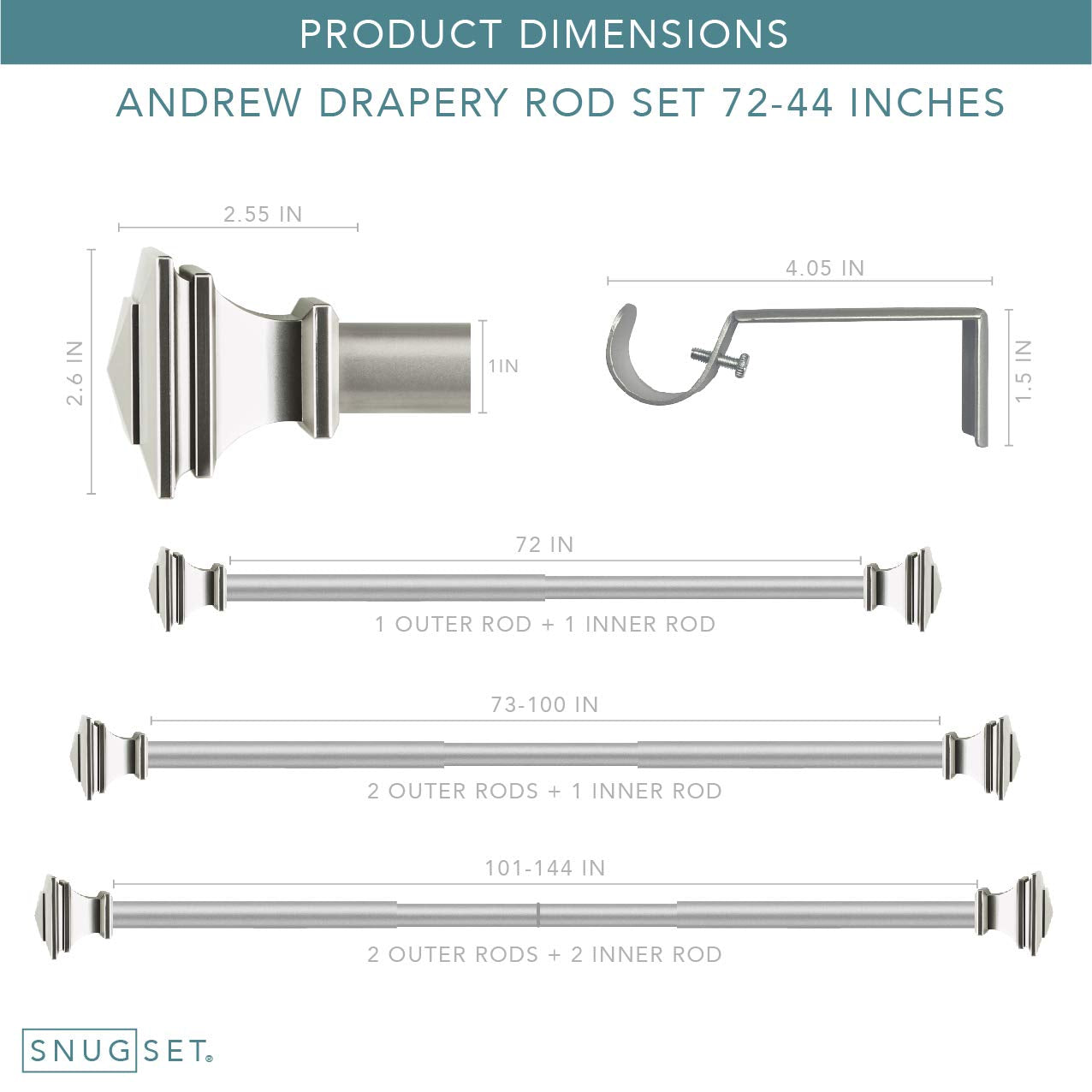 72-144" Nickel Curtain Rod, Quick Easy Installation, No Tools Option, 1" Diameter, Durable Steel Construction, Supports Heavy Fabrics, Decorative Square Finial, 4 Brackets, 72"-144" Adjustable