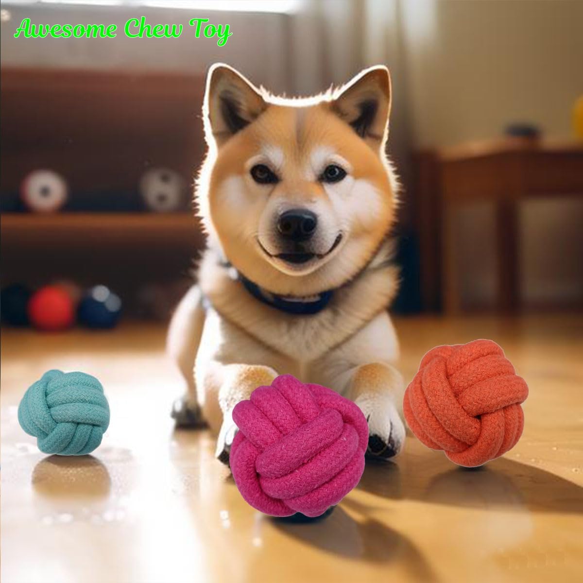 GOGOTAIL 2-Pack Dog Rope Ball Toys – Durable 3" Chew & Teething Balls for Medium & Large Dogs, Tug Play, Teeth Cleaning, Boredom Relief, Natural Cotton, Indoor Outdoor Use, Light Blue
