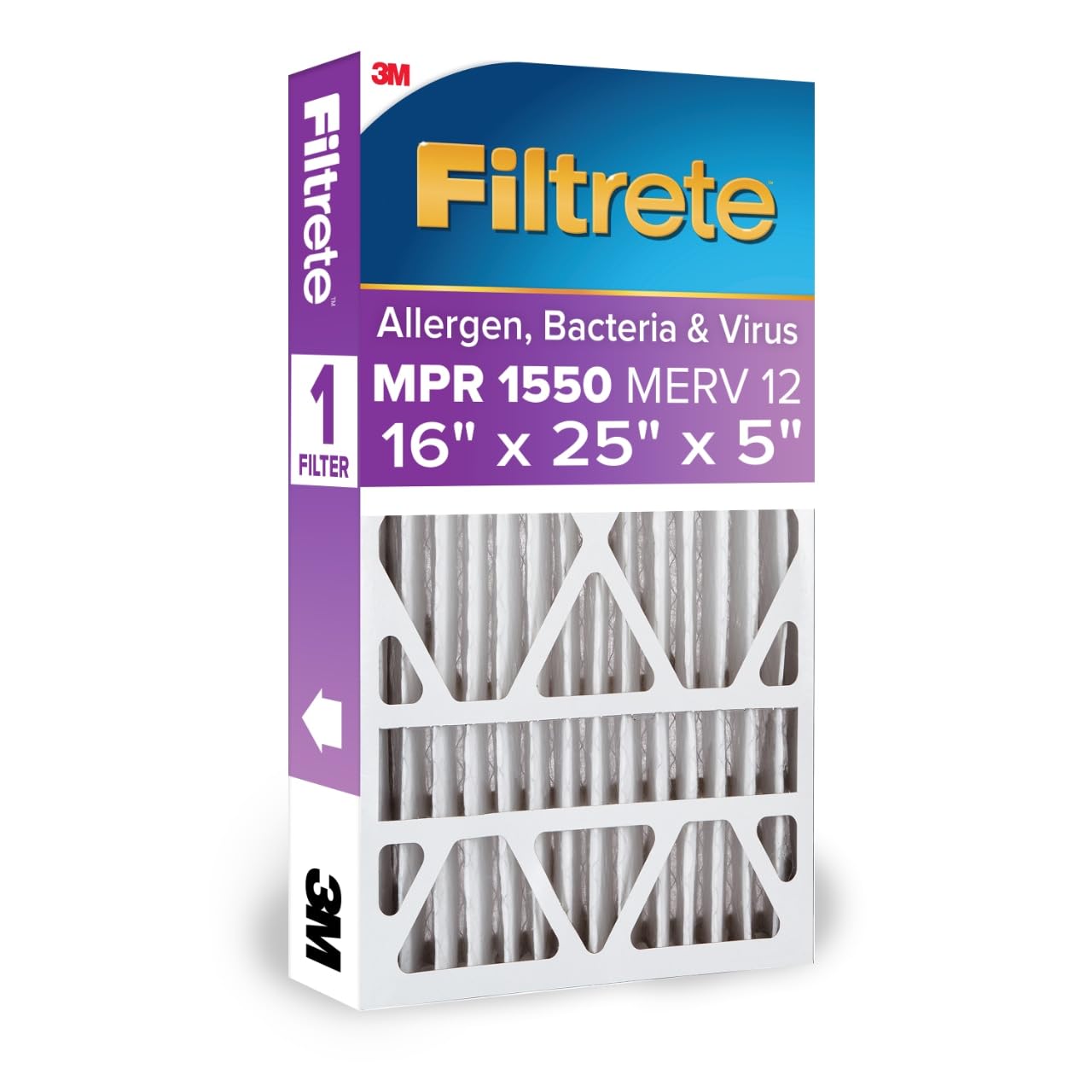 Filtrete 16x25x5 AC Furnace Air Filter, MPR 1550, MERV 12, Fits Honeywell & Trion AirBear, CERTIFIED Asthma & Allergy Friendly, Electrostatic Air Filter, 1-Pack (actual size 15.75 x 24.13 x 4.88)