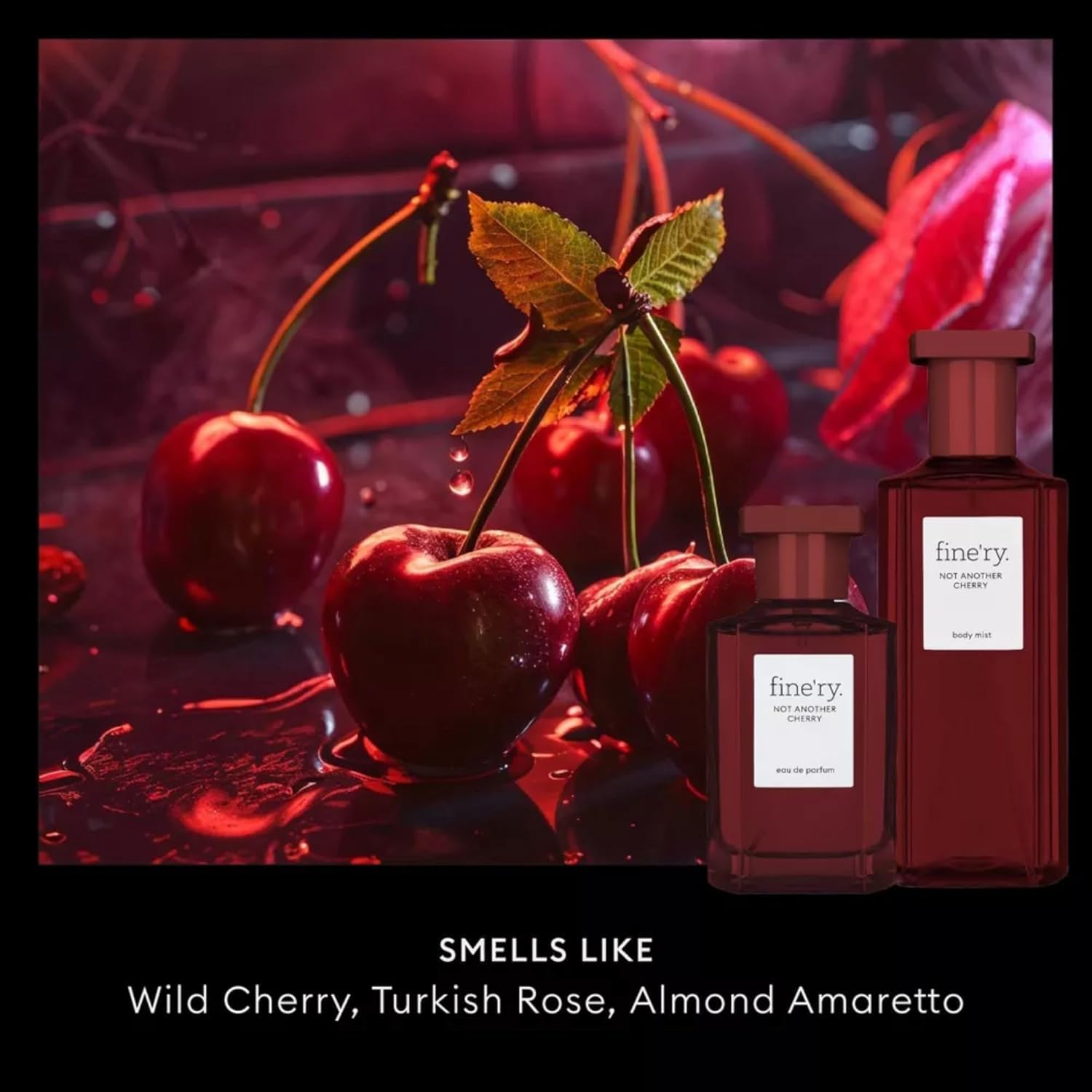 Fine'ry Cherry Almond Eau de Parfum - Not Another Cherry Long-Lasting Perfume for Women - Rose, Almond Amaretto? - Rich, Fruity-Floral, Gourmand, Full Size Hair Body Fragrance, Gift for Her (60mL)