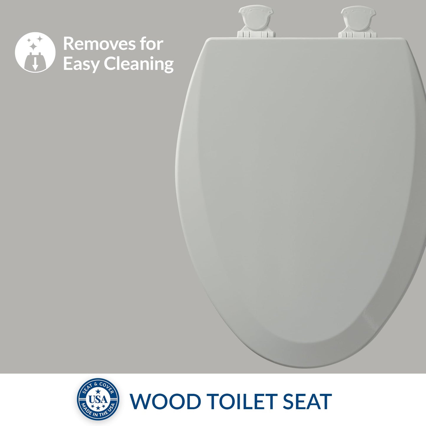 Bemis 1500EC Durable Wood Toilet Seat with Easy Clean Hinges, Made in USA, Elongated, Ice Grey