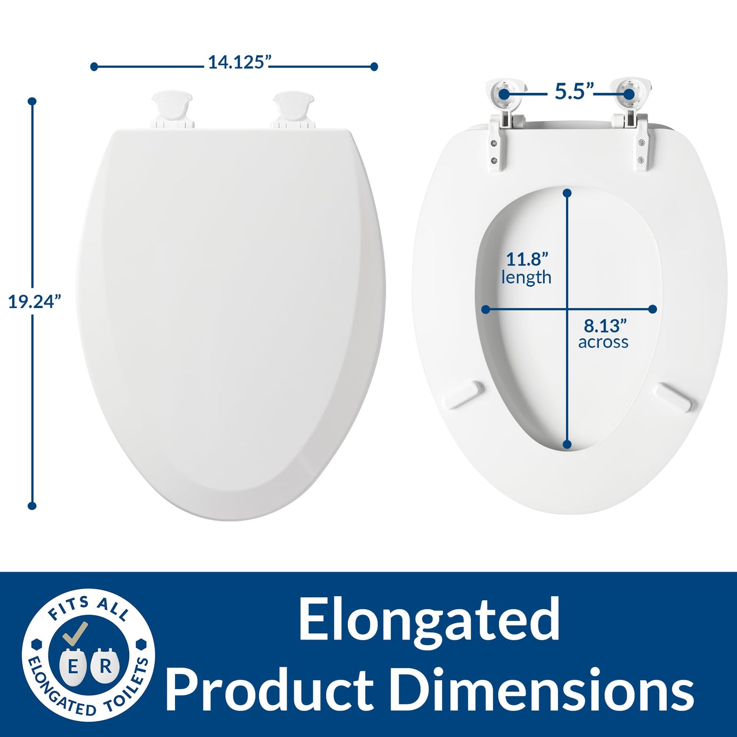 Bemis 1500EC Durable Wood Toilet Seat with Easy Clean Hinges, Made in USA, Elongated, Ice Grey