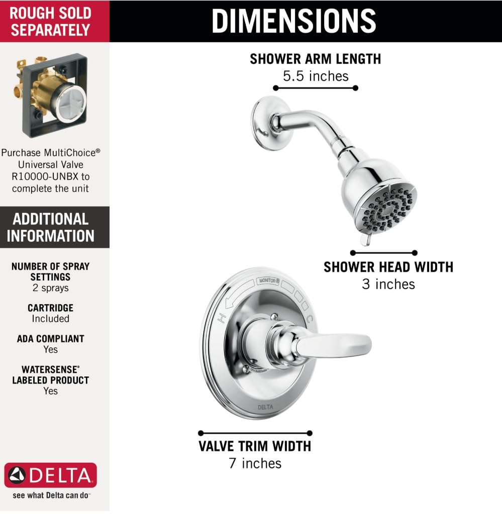 Delta Faucet Foundations 13 Series Single-Function Shower Trim Kit with Single-Spray Shower Head, Chrome BT1321 (Valve Not Included