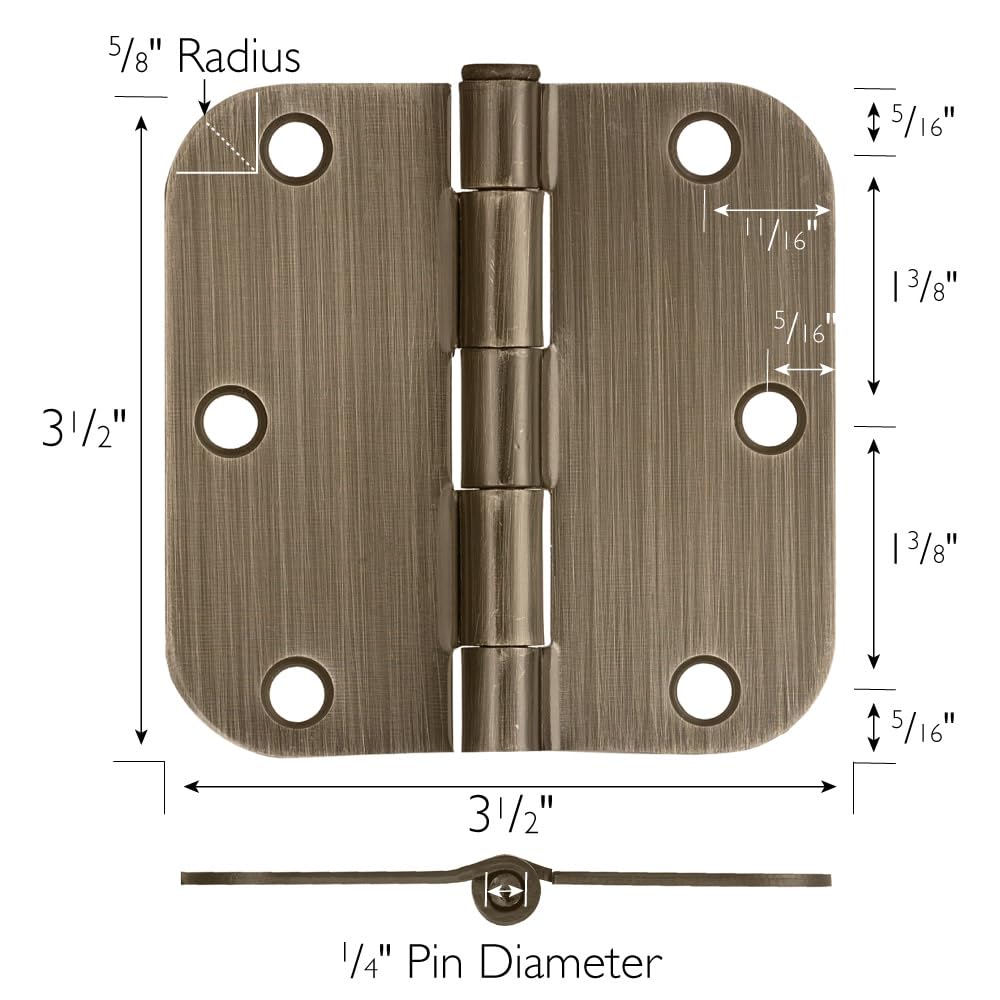 Door Hinges for Interior Doors, 12-Pack, 3.5-inch x 3.5-inch – Rounded 5/8-inch Radius Steel Door Hinge – Antique Brass – Fits Standard Doors – Design House 189753
