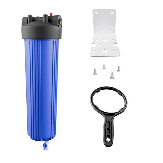 Purcooflow 20" x 4.5" Whole House Water Filter Housing with Bottom Drain Port - 1" NPT Brass Ports, BPA-Free Blue Sump, Double O-Ring Leak-Proof - Fits All Standard 20x4.5 Filters