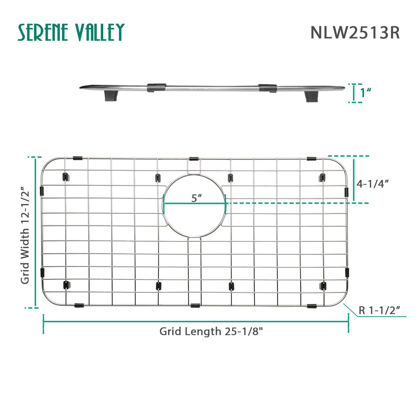 Serene Valley 25-1/4" X 12-1/2“ Sink Grid, Rear Drain with Corner Radius 1-1/2", NLW2513R
