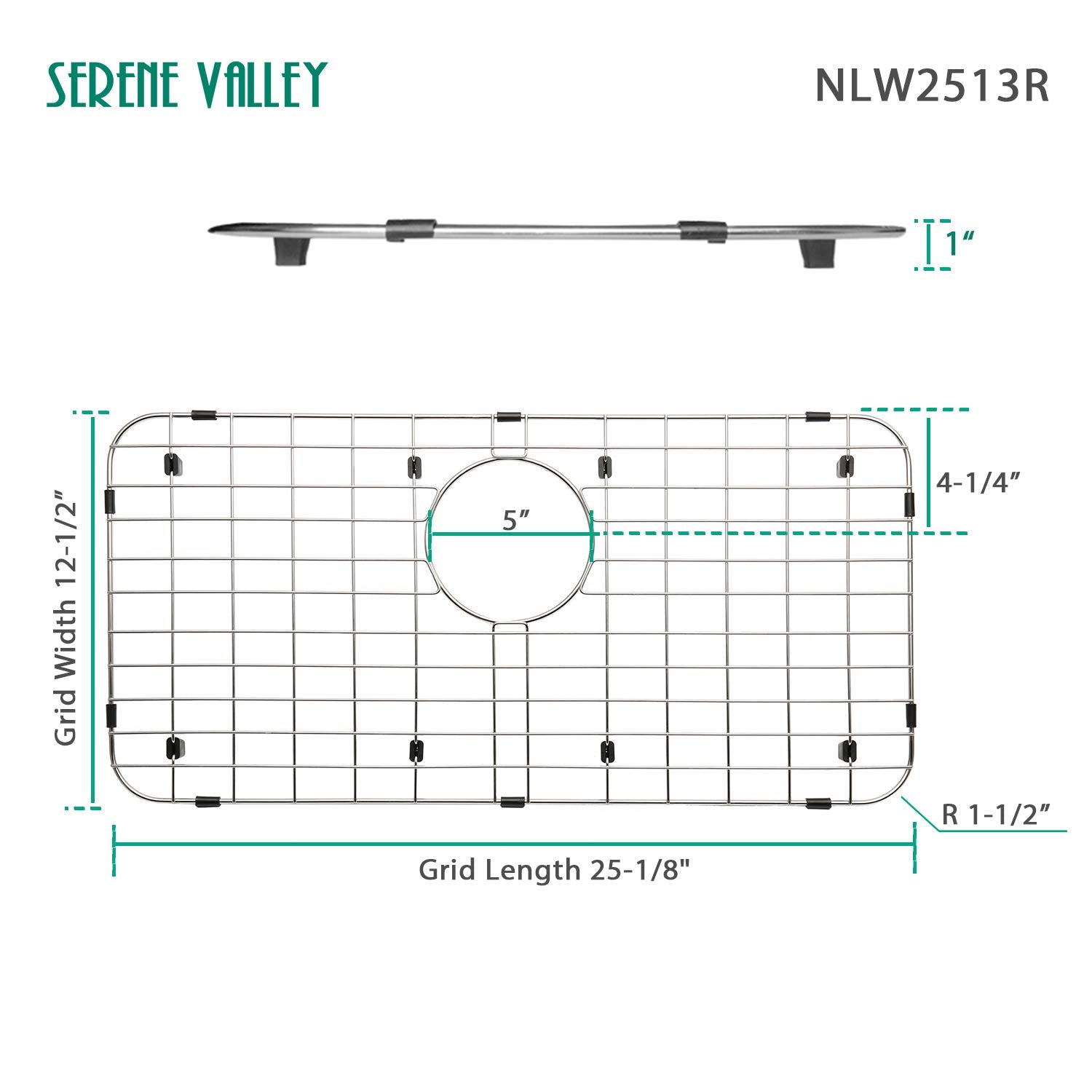Serene Valley 25-1/4" X 12-1/2“ Sink Grid, Rear Drain with Corner Radius 1-1/2", NLW2513R