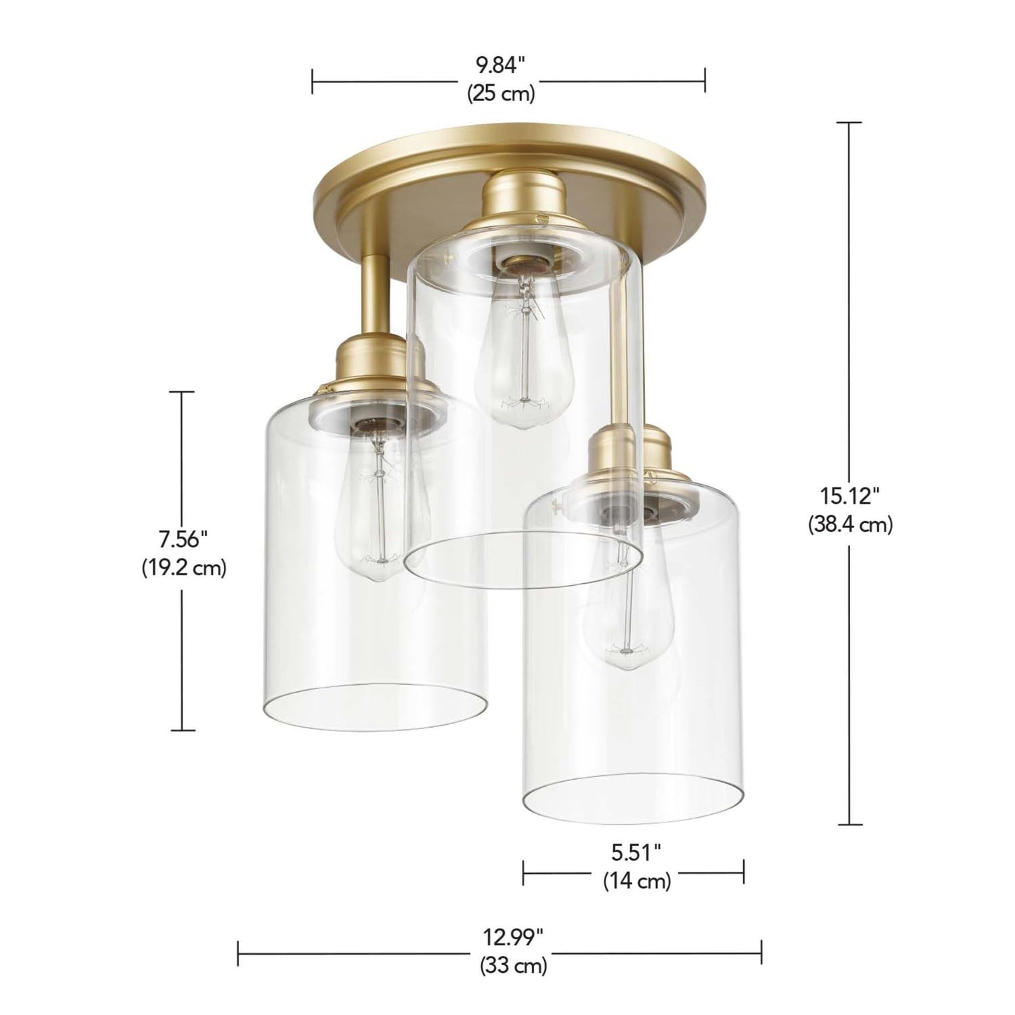 FOR PARTS GLOBE Electric Annecy  3-Light Flush Mount Ceiling Light, Matte Gold, Clear Glass Shades, Bedroom Lighting Fixtures Ceiling, Dining Room Fixture, Timeless Lighting for Hallway or Dining Room