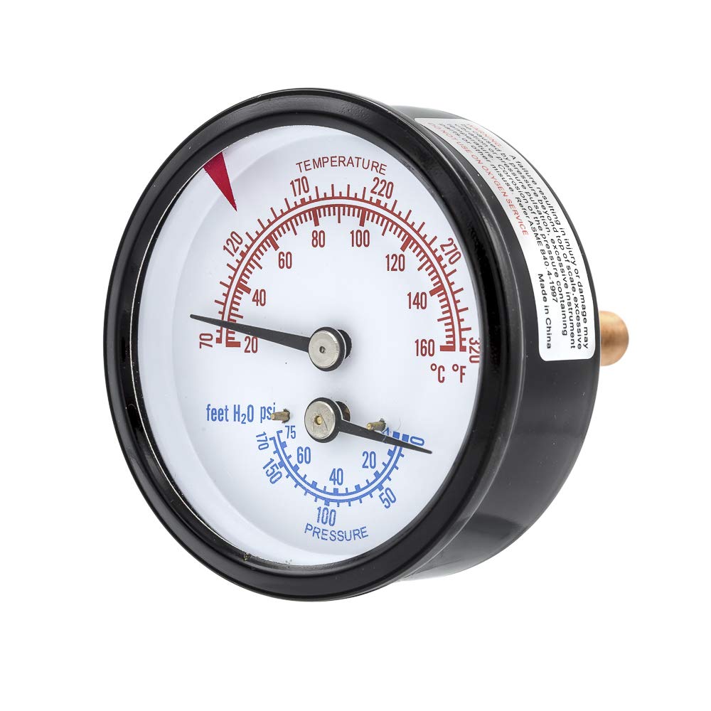 PIC Gauges TRI-RC-254R1.75-D Commercial Tridicator, Black Steel Case, Bronze Internals, Plastic Lens w/ Red Indicator, 2.5" Dial, 1.75" Stem Length, 0/75 psi Range, 1/4" Male NPT