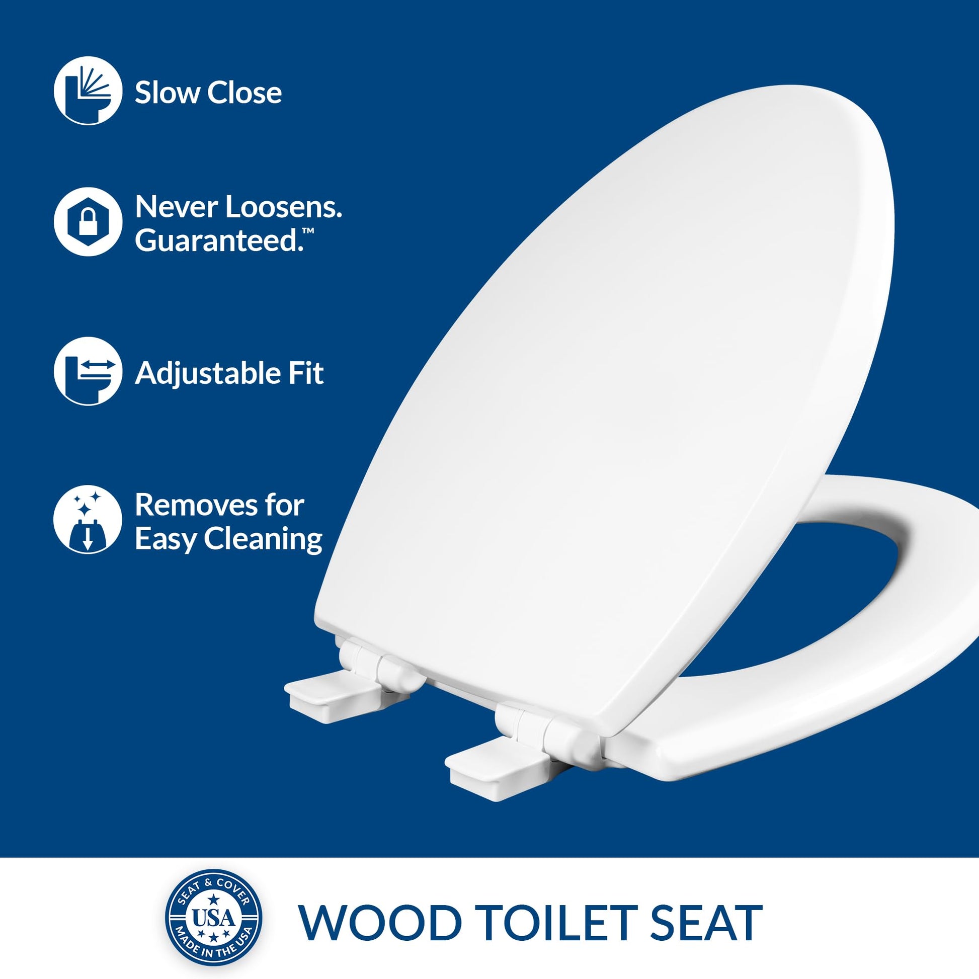 Mayfair Cassel Slow Close Toilet Seat, Easy Clean Non Slip Premium Wood Seat, Easy Install, Made in USA, Elongated, White