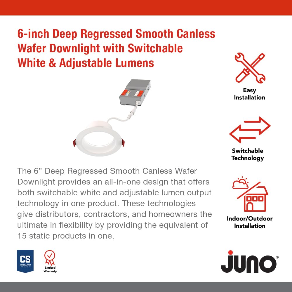 Juno LED Recessed Lights 6 Inch Round Wafer Downlight, 5-in-1 Switchable White Color Temperature, Adjustable Brightness, Deep Regressed Smooth Trim, 6-Inch, Matte White, 6-Pack