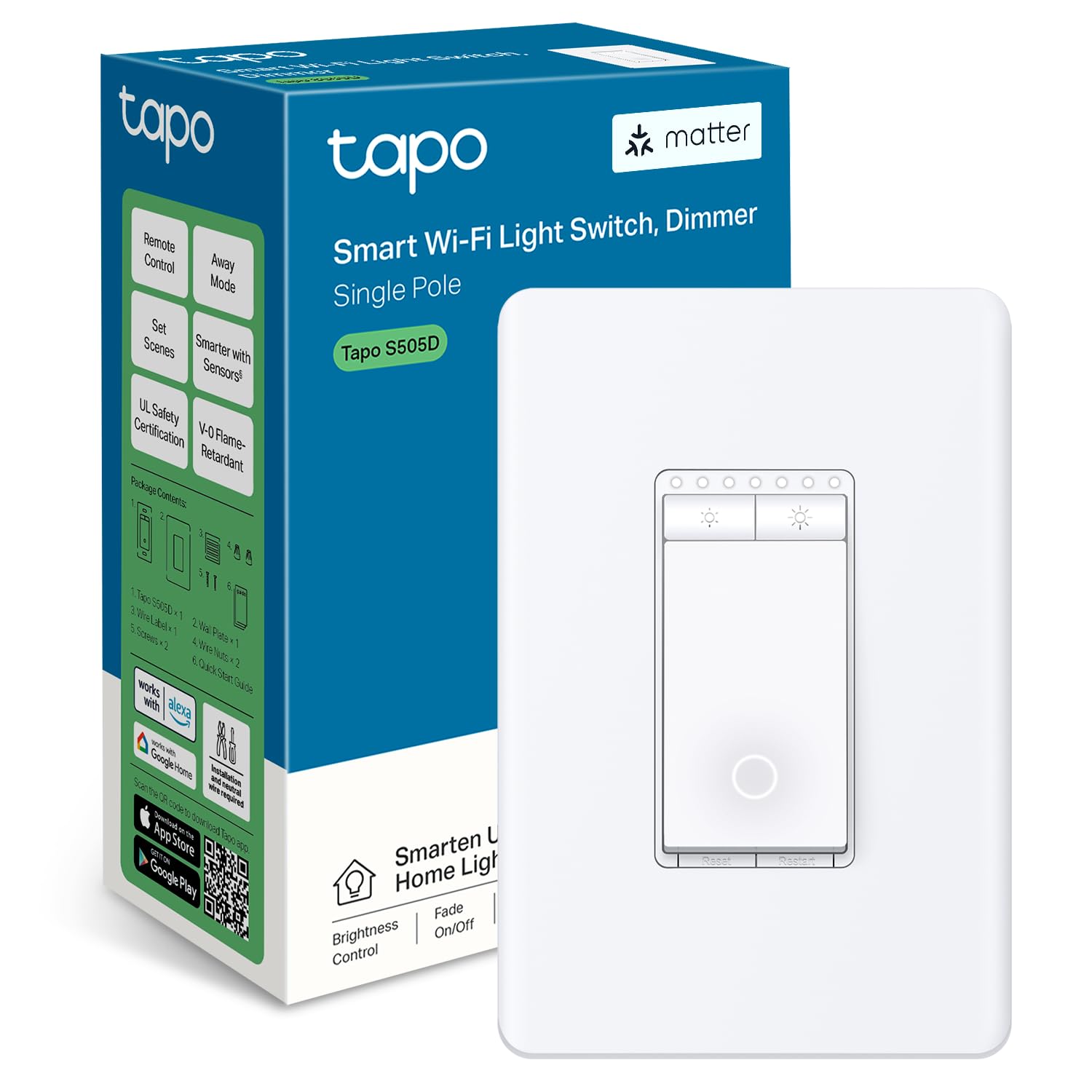 TP-Link Tapo Matter Smart Dimmer Switch, Single Pole, Neutral Wiring & 2.4 GHz WiFi Required, Compatible with Alexa, Siri, Google Home, Bixby, UL Certified Light Switch, (4-Pack)