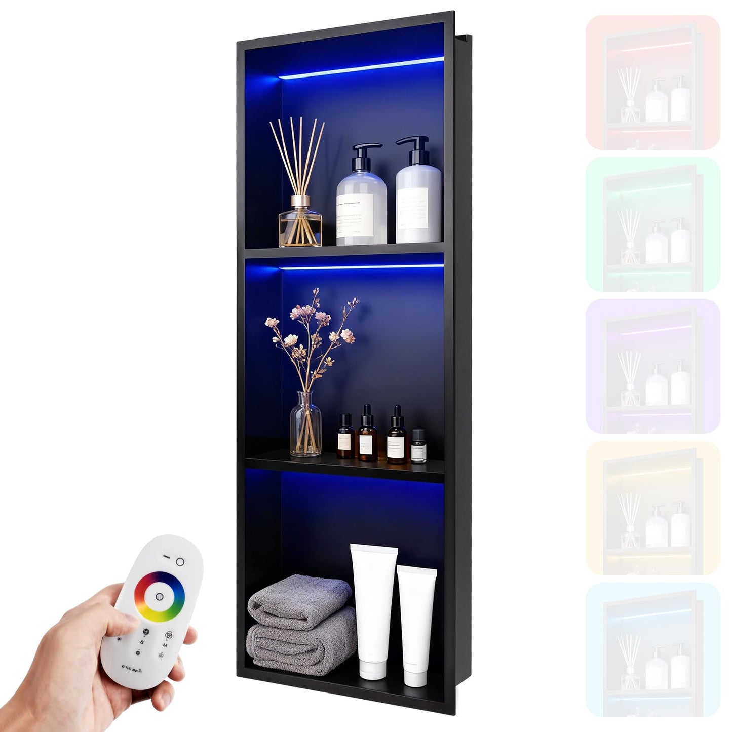 Hofuliving 12" X 36" RGB LED Shower Niche No Tile Needed, Stainless Steel Shower Niche Insert Tile Ready, Recessed Wall Shelf for Bathroom Storage Organizer with Remote Control, Matte Black