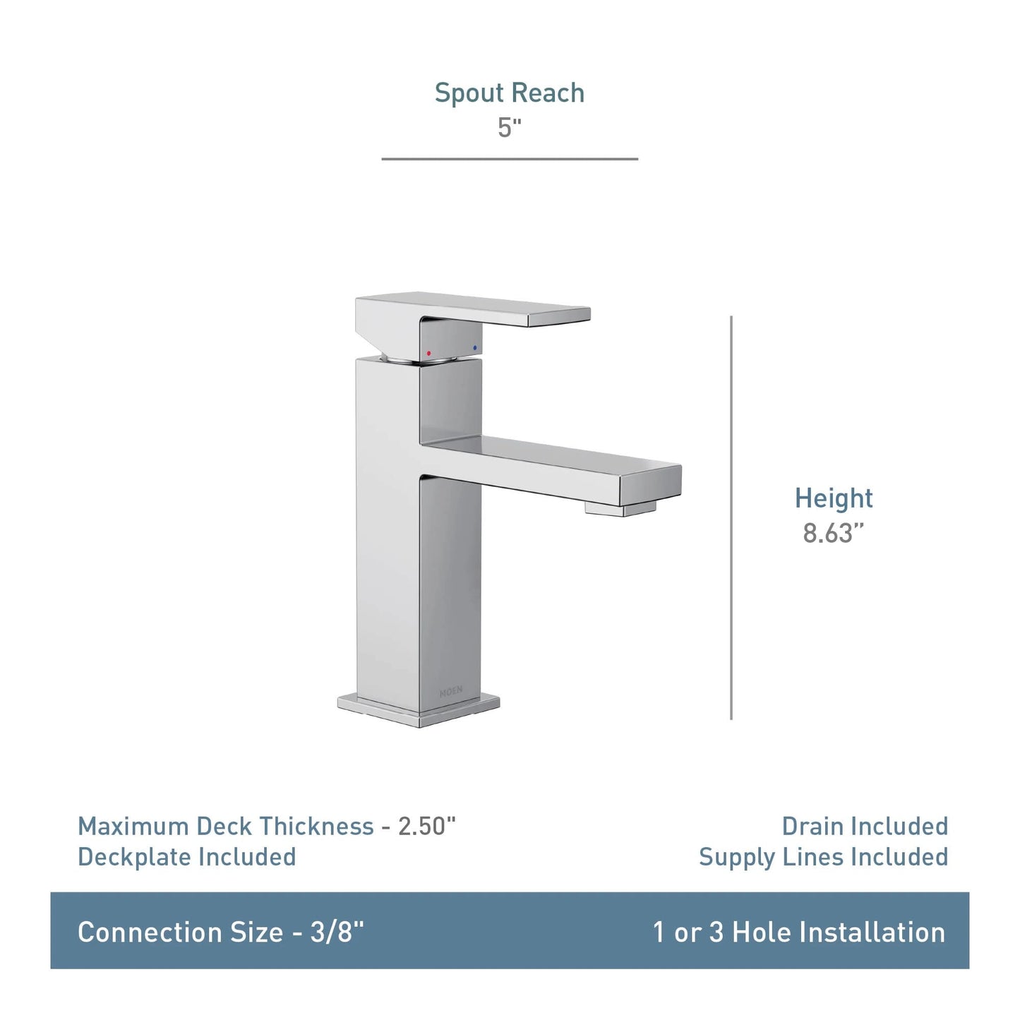Moen Revyl Chrome One-Handle Single Hole Modern Bathroom Sink Faucet with Optional Deckplate and Spring Loaded Drain Assembly, 84771