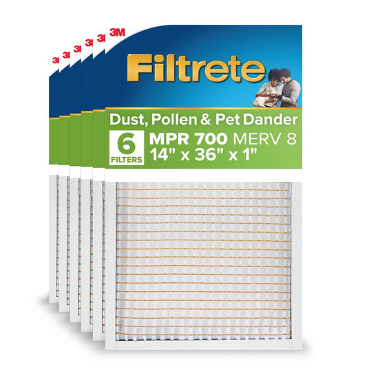 Filtrete 14x36x1 AC Furnace Air Filter, MPR 700, MERV 8, Tough on Pollen, Easy on Airflow, 3-Month Pleated 1-Inch Electrostatic Air Cleaning Filter, 6-Pack (Actual Size 13.81 x 35.81 x 0.81 in)