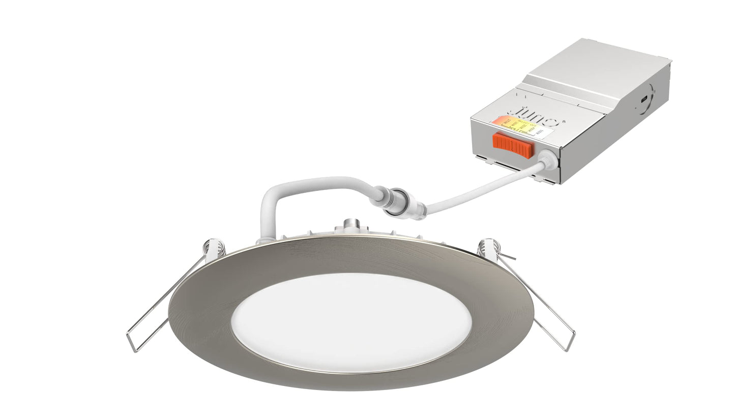 Juno WF4 SWW5 90CRI BN M6 Round LED Wafer Downlight, 120 Volts, Switchable Color Temperature 2700K/3000K/3500K/4000K/5000K, Triac Dimming, 4-Inch Ultra Thin Trim, Brushed Nickel