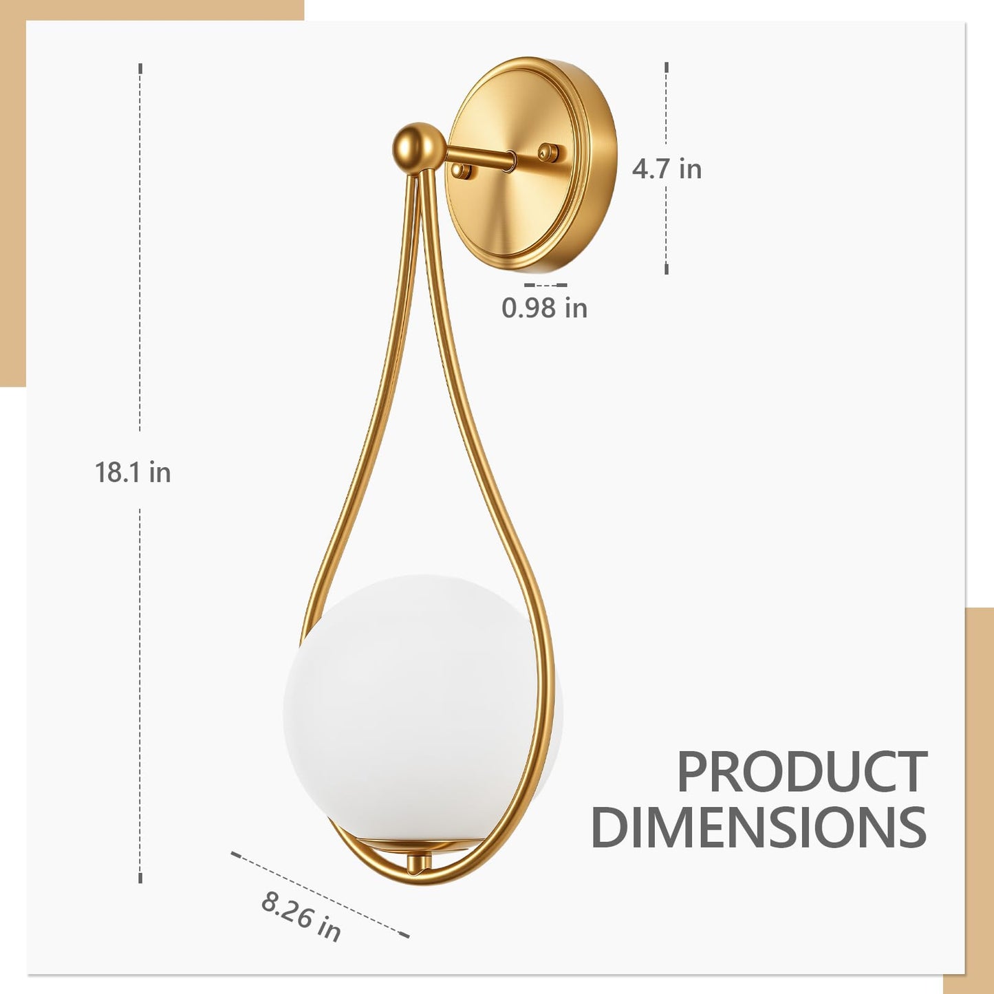 ElilyGiA Mid-Century Wall Sconces Set of 2 Gold Modern Globe Wall Lighting Indoor Hardwired Wall Lights for Hallway Office Porch Bedroom Living Room Stairway