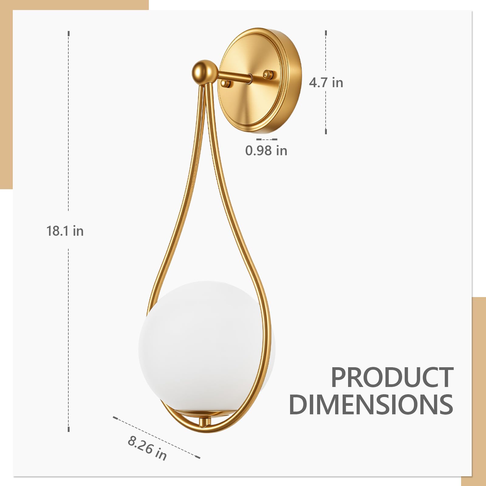 ElilyGiA Mid-Century Wall Sconces Set of 2 Gold Modern Globe Wall Lighting Indoor Hardwired Wall Lights for Hallway Office Porch Bedroom Living Room Stairway
