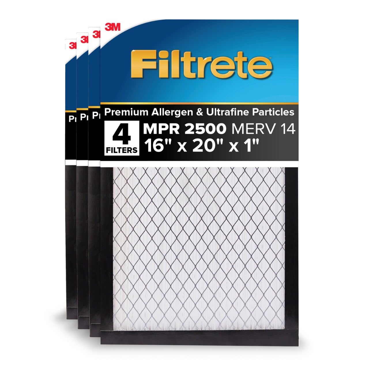 Filtrete 16x20x1 AC Furnace Air Filter, MERV 14, MPR 2500, High Performance Premium Allergen, Ultrafine Particles, Bacteria & Virus Filter, CERTIFIED Asthma & Allergy Friendly, 4-Pack