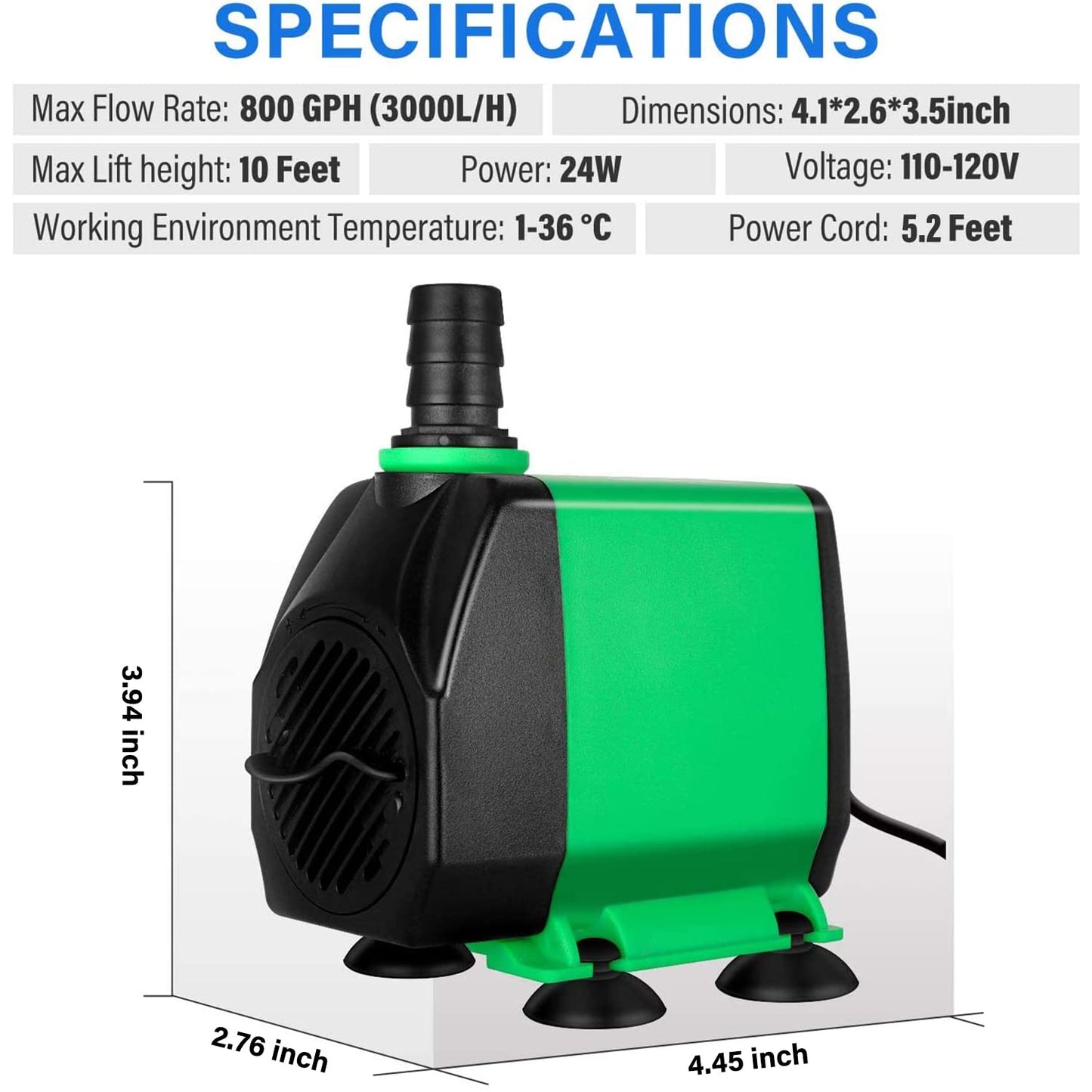 Simple Deluxe 10ft High Lift 800GPH 24W Submersible Pump (3000L/H) with 3 Size Nozzles for Fish Tank, Pond, Aquarium, Statuary, Hydroponics, Fountain, Green