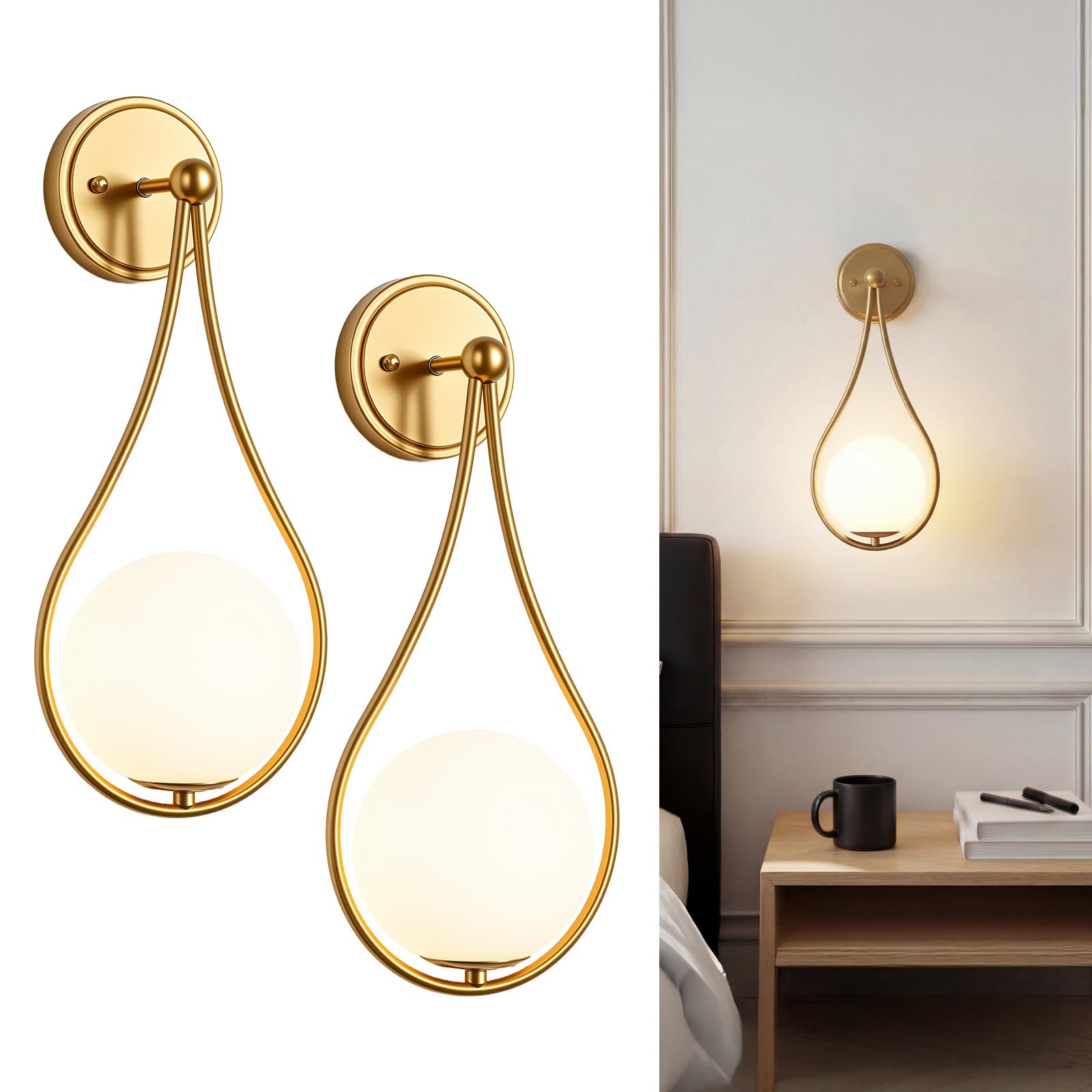 ElilyGiA Mid-Century Wall Sconces Set of 2 Gold Modern Globe Wall Lighting Indoor Hardwired Wall Lights for Hallway Office Porch Bedroom Living Room Stairway