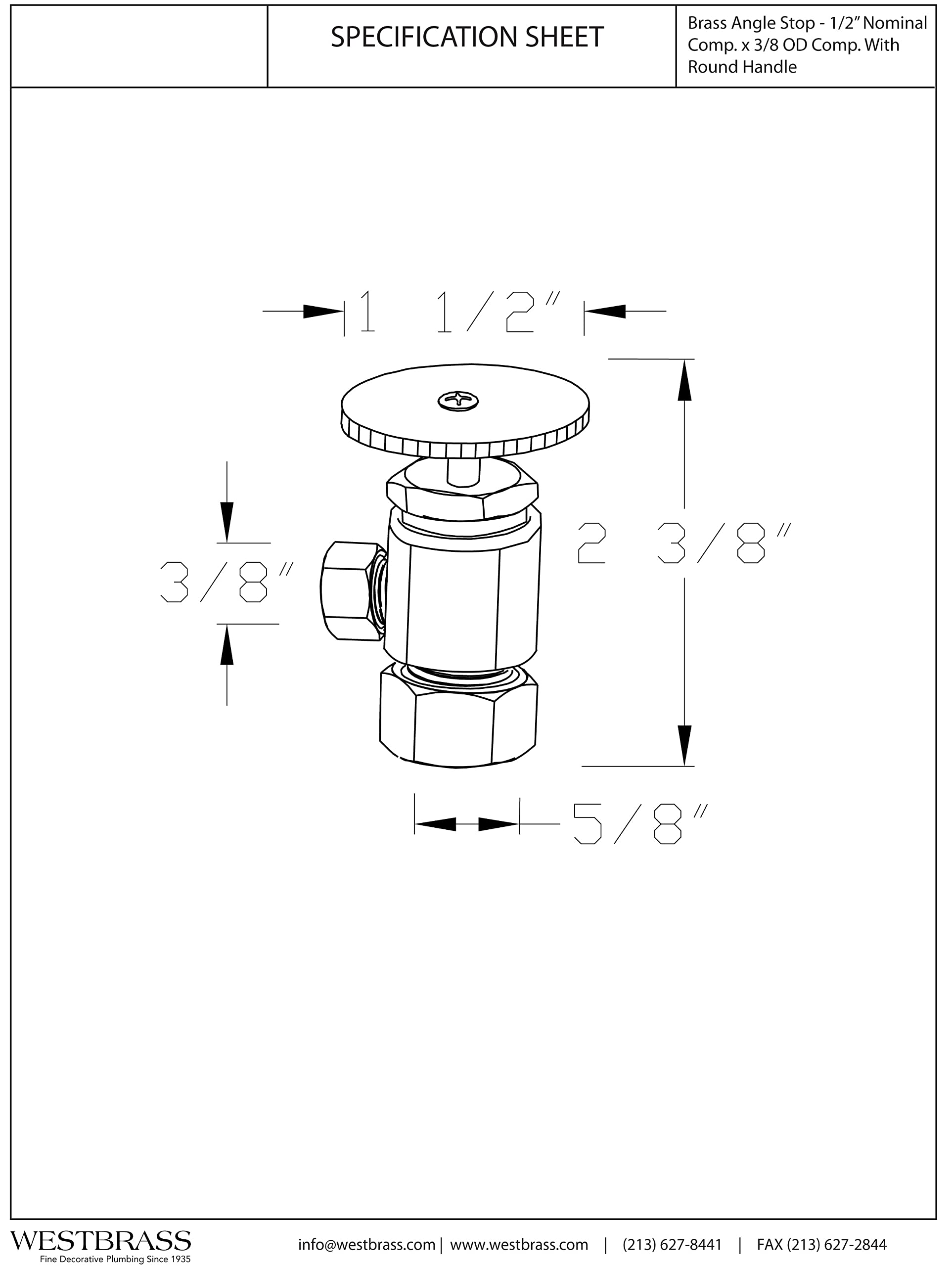 Westbrass A105-12 Round Handle Angle Stop Shut Off Valve, 1/2" Copper Pipe Inlet with 3/8" Compression Outlet, Oil Rubbed Bronze