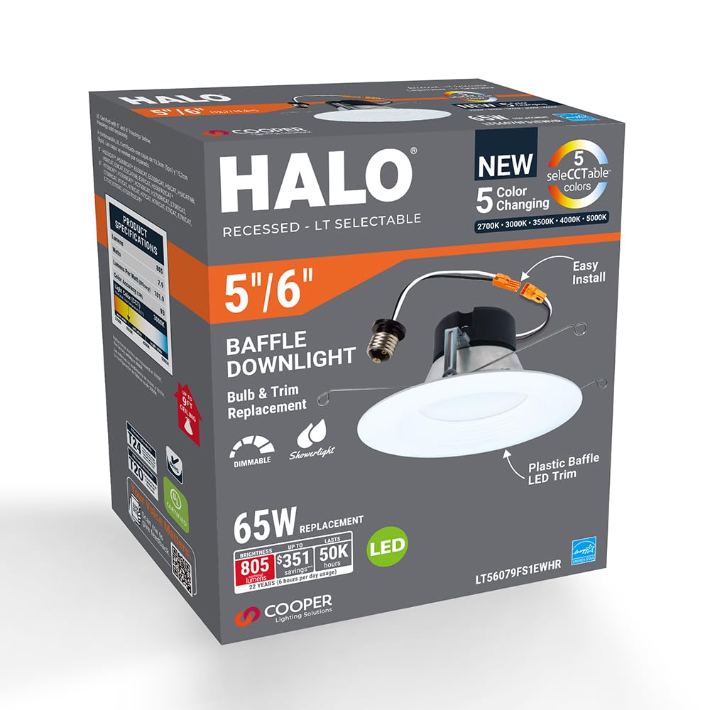 HALO LT 5/6 inch LED recessed Can Light Trim, 5 CCT, Dimmable, 750lm