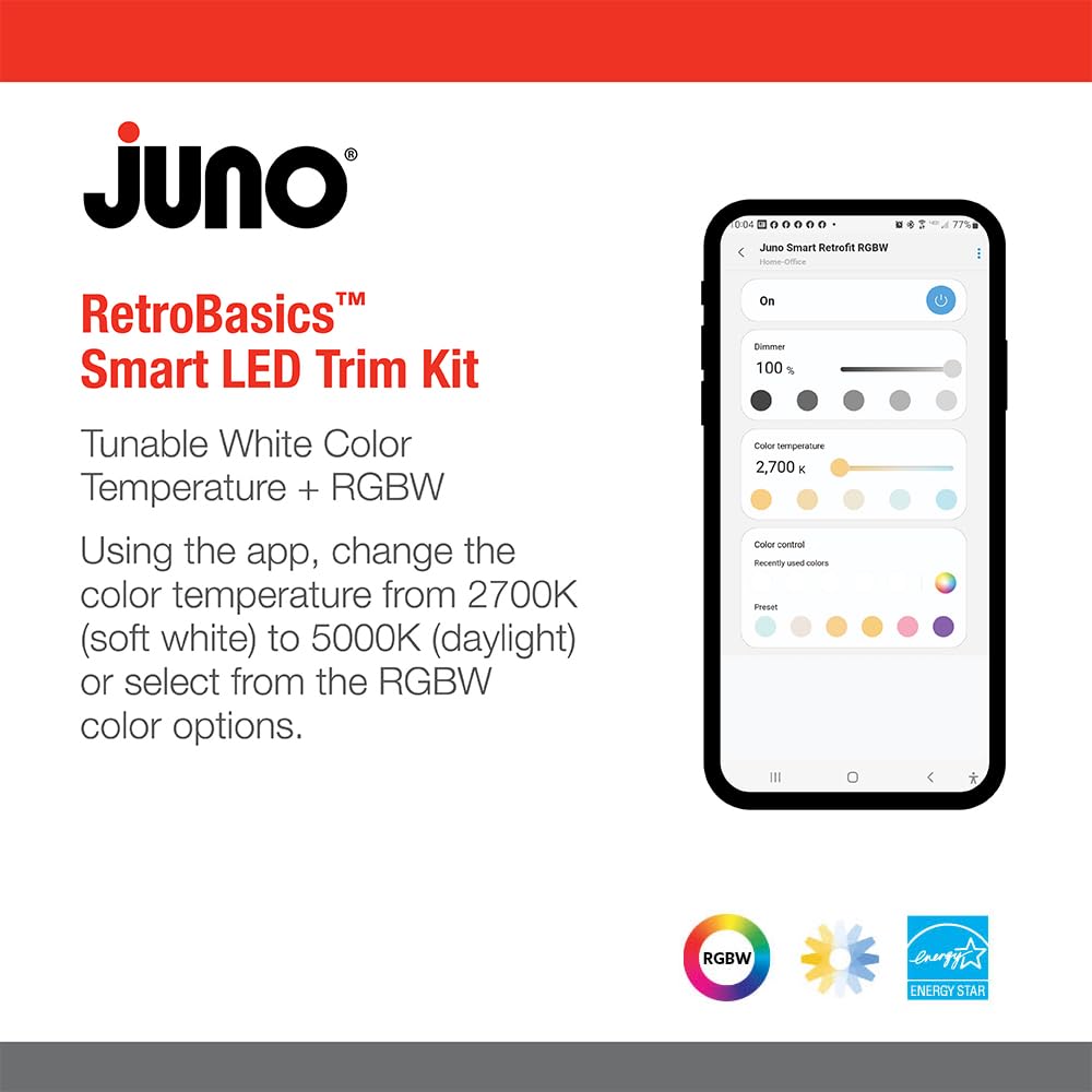Juno RB56AC RGBW MW M6 RetroBasic Connect Adjustable LED Downlight, Dynamic Color Red, Green, Blue, White, Includes E26 Socket Adaptor, Matte White, 5-Inch to 6-Inch