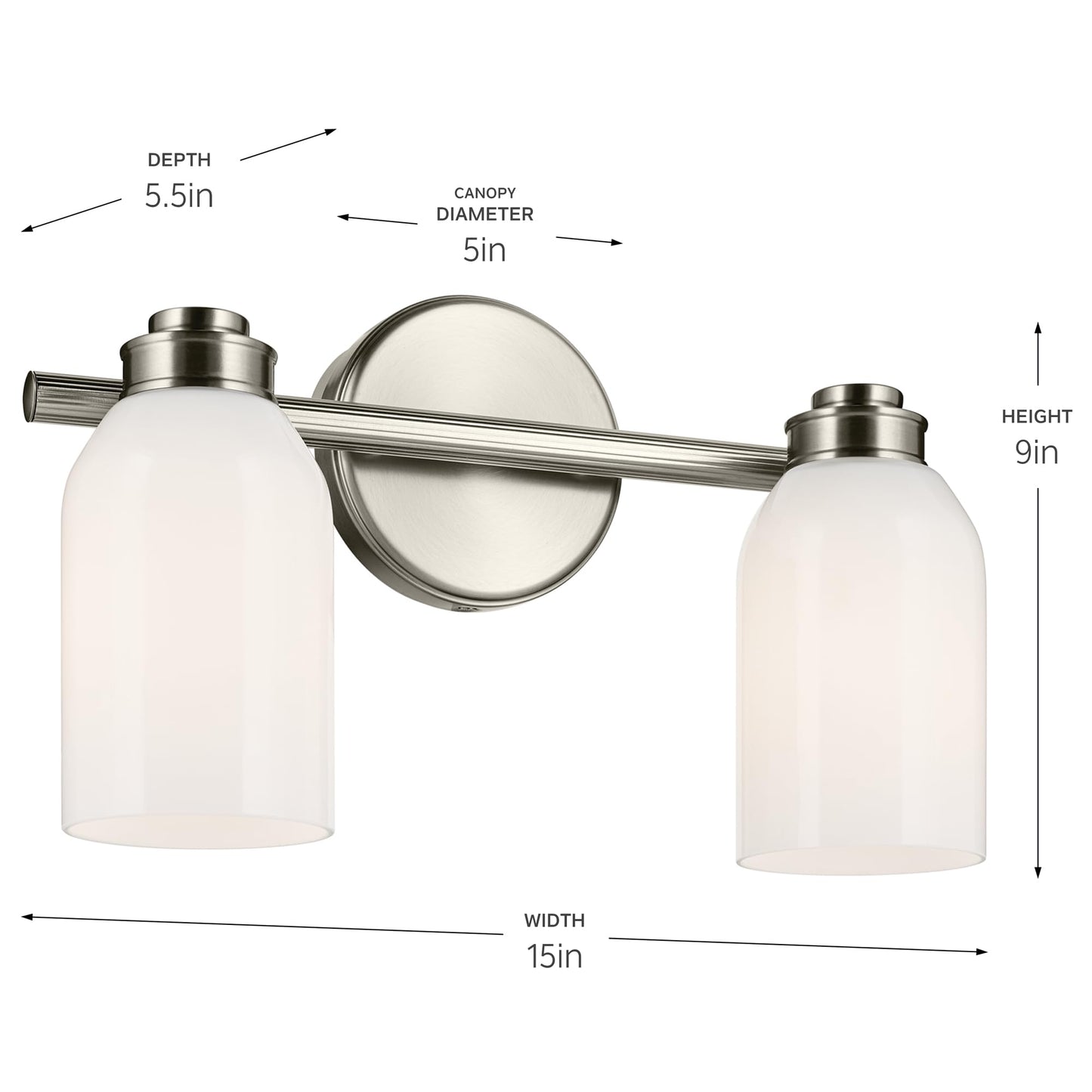 Kichler Shae 15" 2-Light Bathroom Vanity Light Fixture with White Opal Glass in Brushed Nickel for Modern Bathroom Vanity Lighting Over Mirror (15" W x 9" H), 55201NI