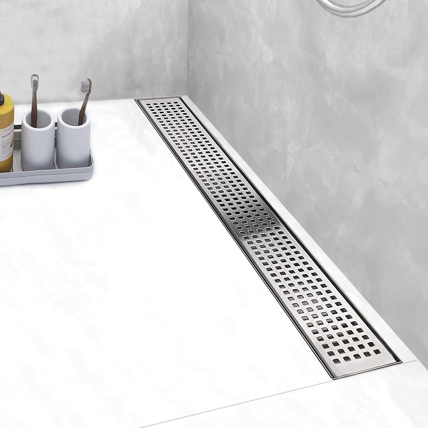 Elefloom Linear Shower Drain, Shower Drain 48 inch with Removable Grate Cover, Professional AISI 304 Stainless Steel Shower Floor Drain, Shower Drain with Hair Catcher and Leveling Feet