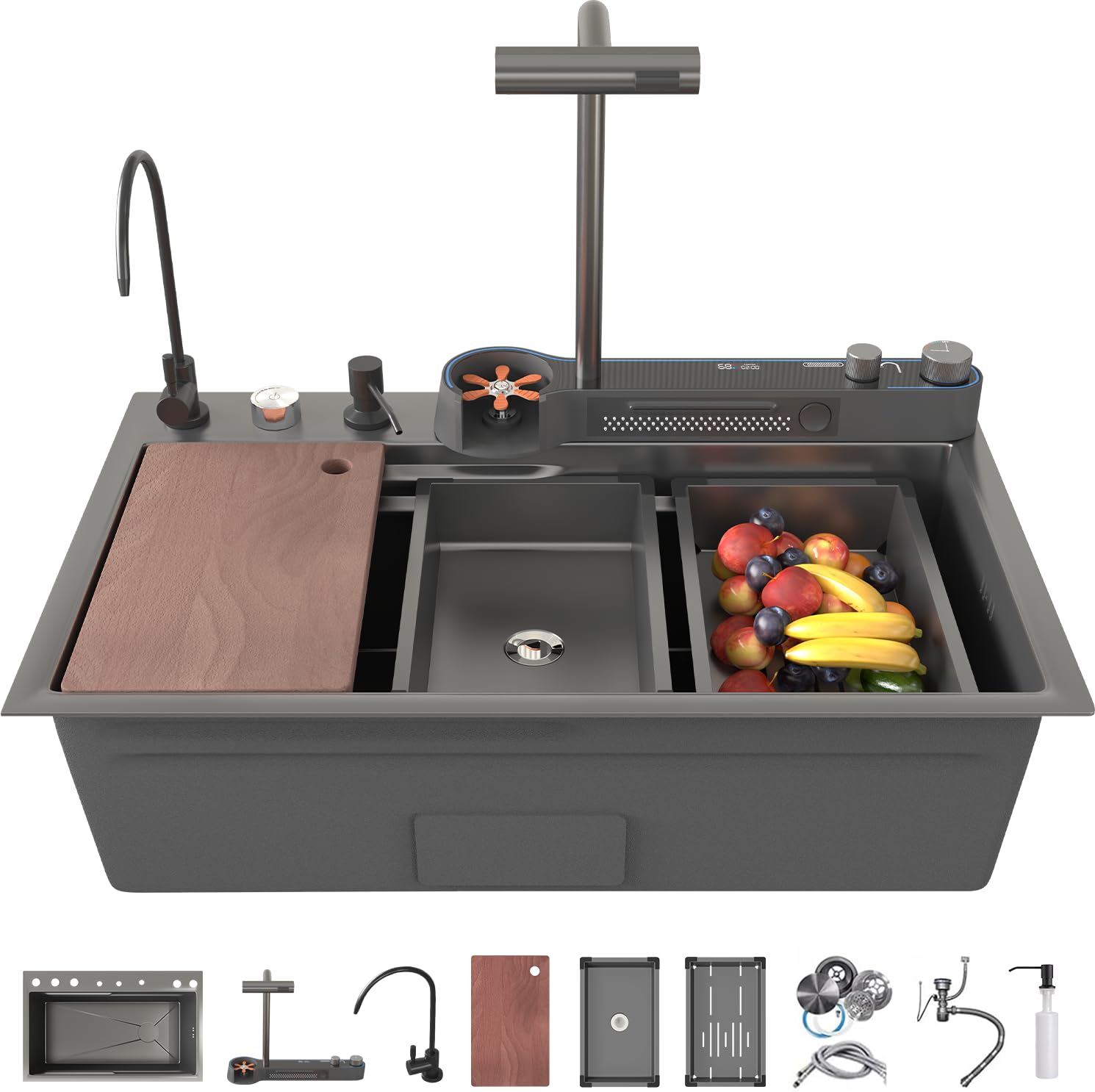 33x22x10 In Black Smart Kitchen Sink Digital Display Ambient Light Multifunction Waterfall Kitchen Sinks 8 Gauge Metal Black Stainless Steel Single Bowl Workstation Sink With Soap Dispenser
