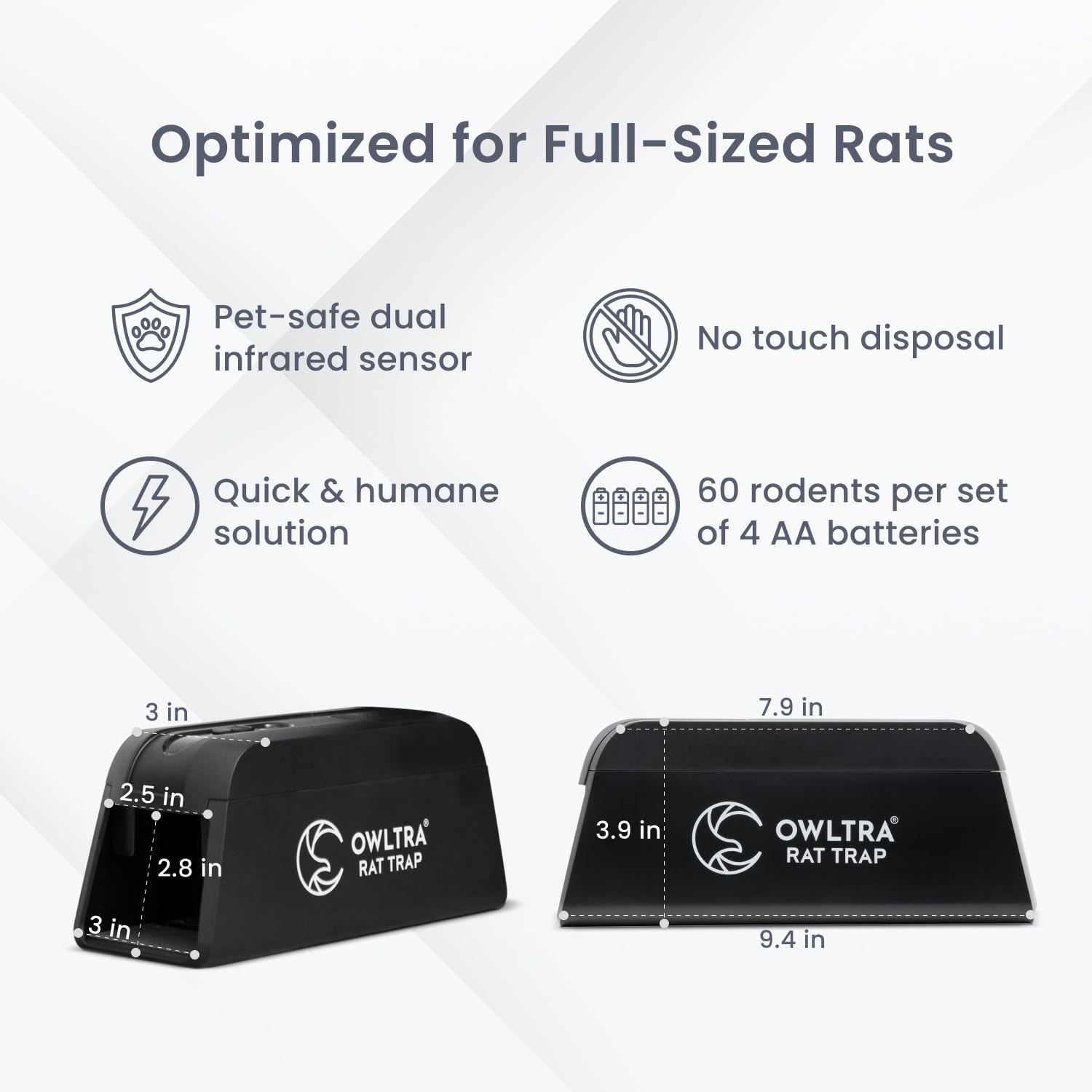 OWLTRA OW-1 Indoor Electric Rat Trap, Instant Kill Rodent Zapper with Pet Safe Trigger, Black, Large