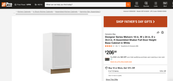 Designer Series Melvern 18"W X 24"D X 34.5"H Assembled Shaker Full Door Height Base Cabinet,White