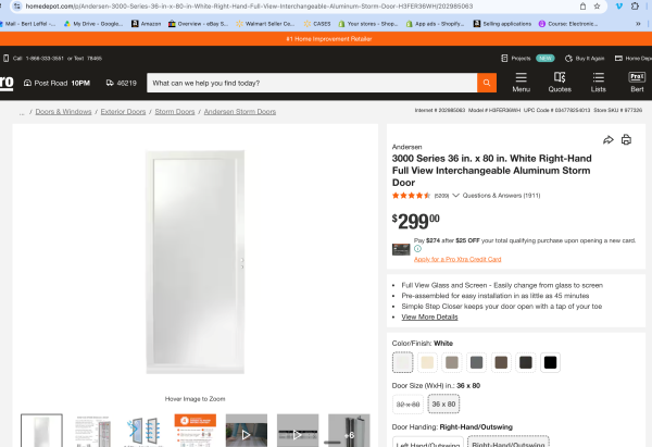 Andersen 3000 Series 36 in. White Fullview Easy Install Storm Door