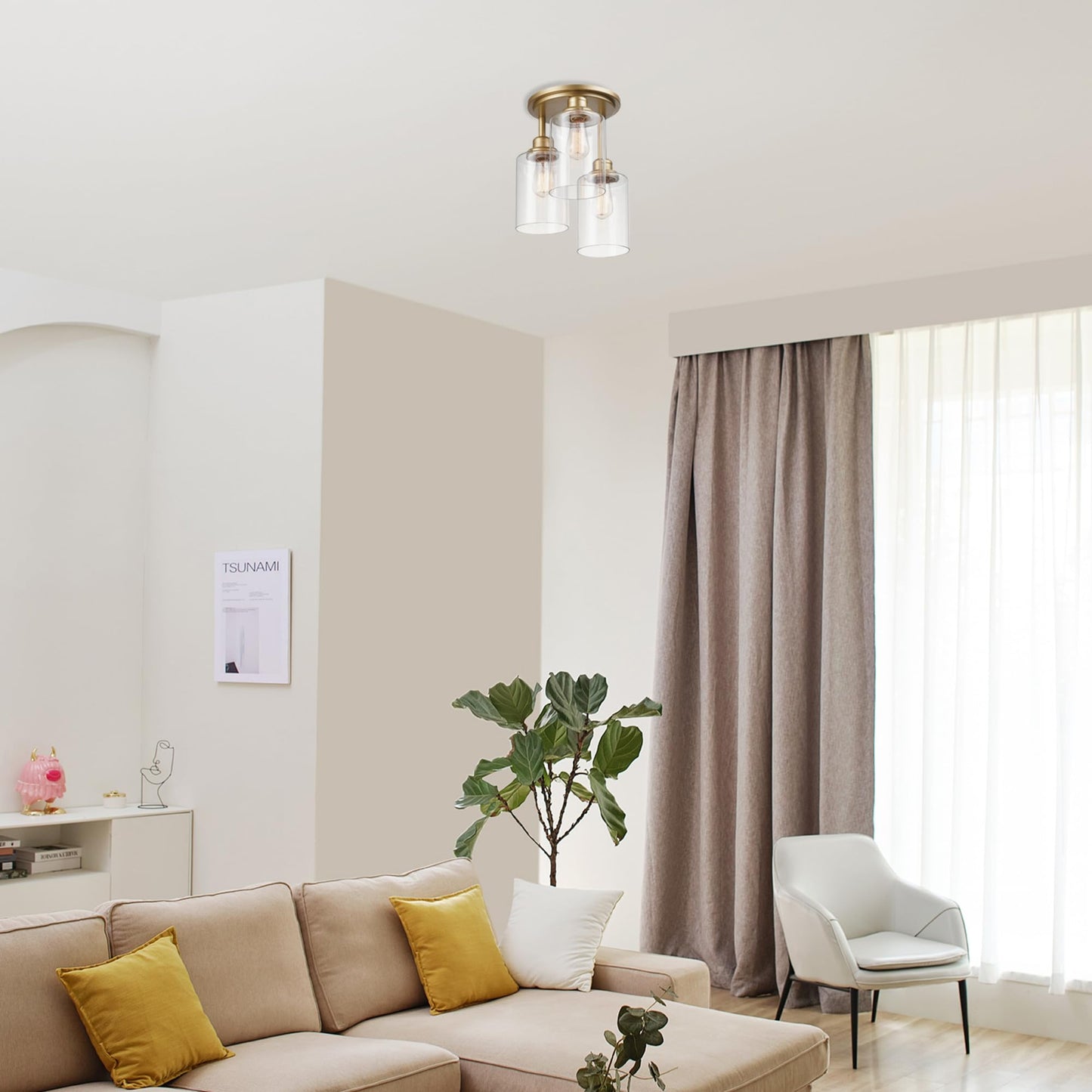 FOR PARTS GLOBE Electric Annecy  3-Light Flush Mount Ceiling Light, Matte Gold, Clear Glass Shades, Bedroom Lighting Fixtures Ceiling, Dining Room Fixture, Timeless Lighting for Hallway or Dining Room