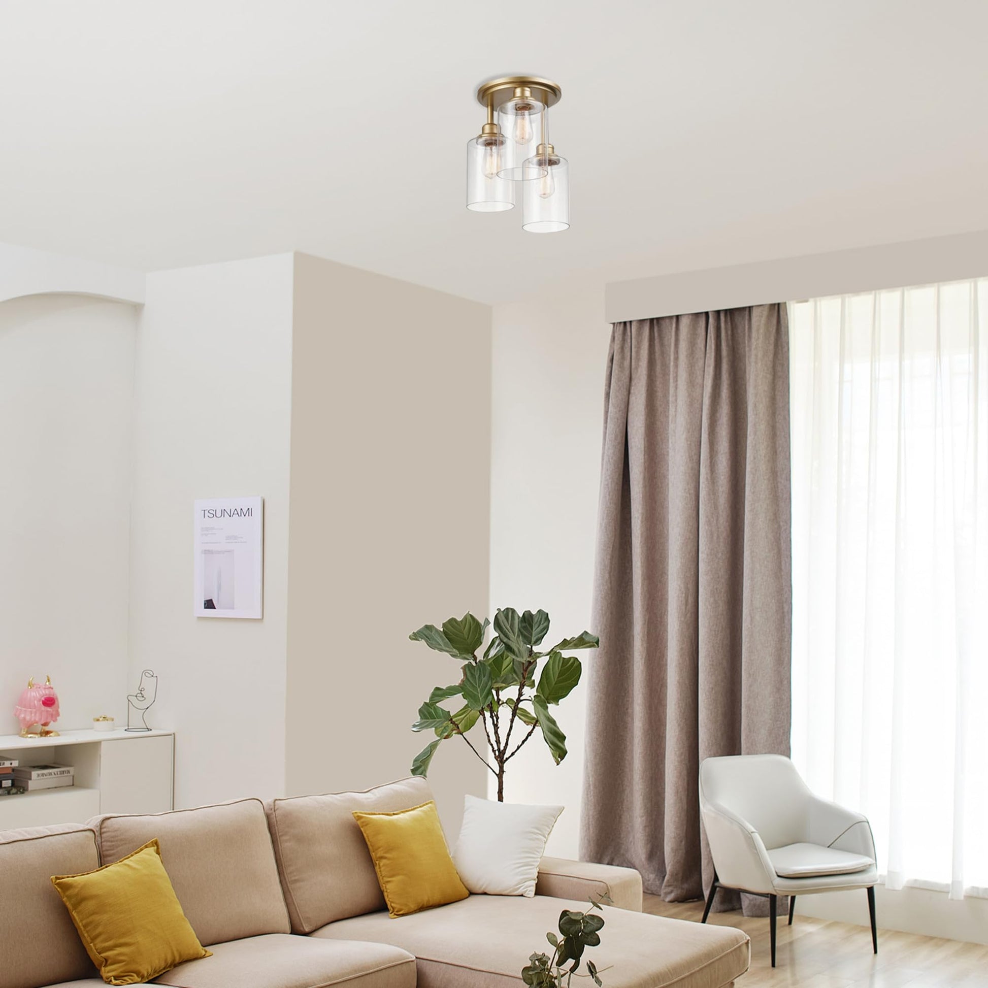 FOR PARTS GLOBE Electric Annecy  3-Light Flush Mount Ceiling Light, Matte Gold, Clear Glass Shades, Bedroom Lighting Fixtures Ceiling, Dining Room Fixture, Timeless Lighting for Hallway or Dining Room