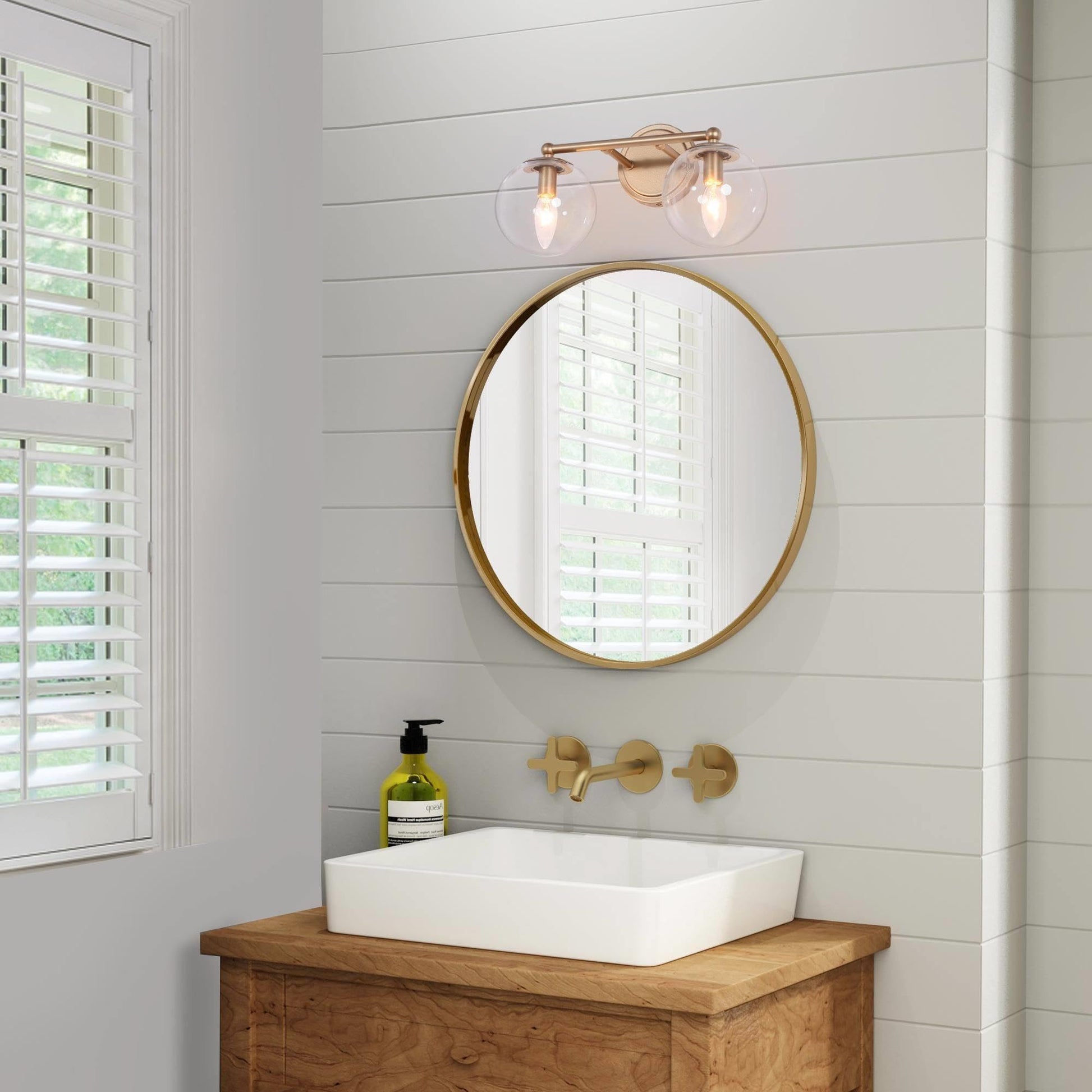 Gold Modern Vanity Lighting with Clear Glass Shade - 2 Light Bathroom Vanity Sconce