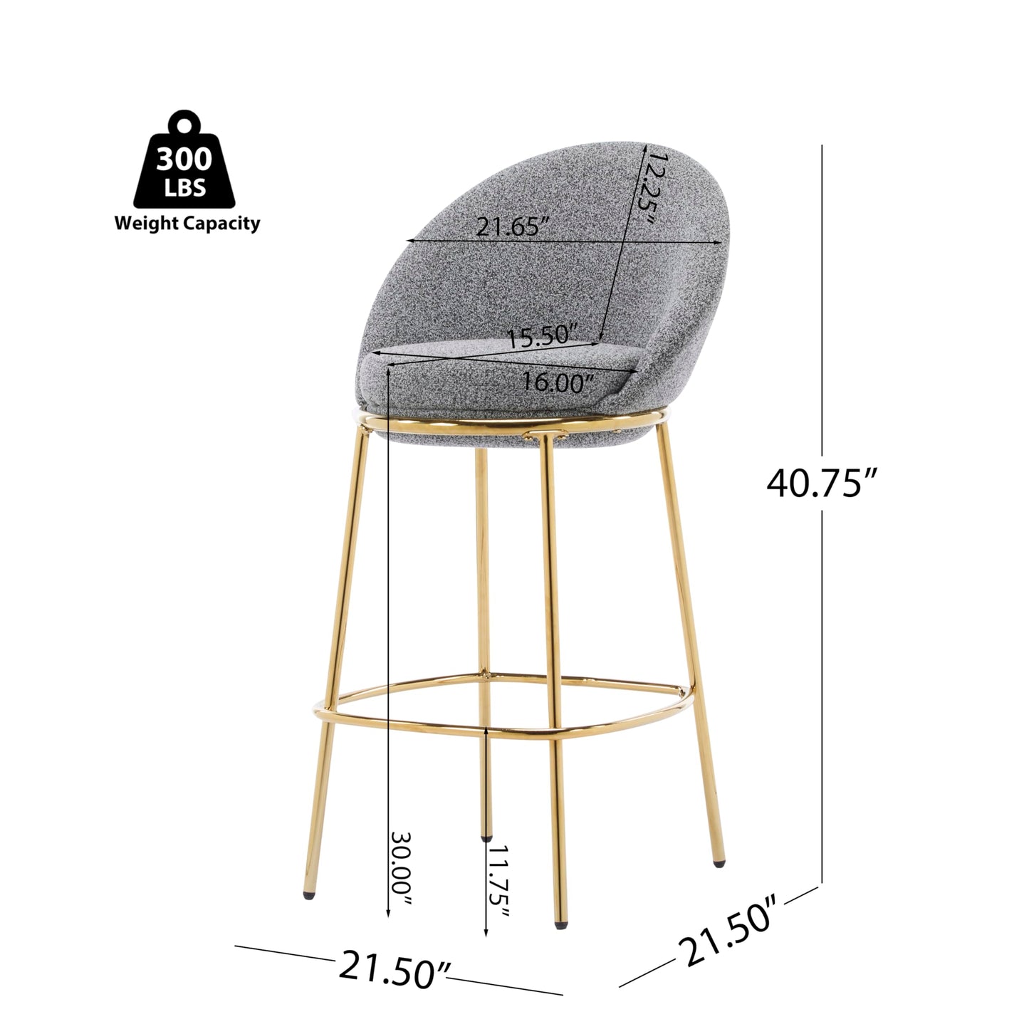 GDFStudio Set of 6 Indoor Metal Upholstered Barstools,Gold-Plated Frame - Modern Ergonomic Bar Chairs with Plush Seat & Half-Moon Backrest for Kitchen Island,Home Bar,Counter,30" Seat Height,Gray