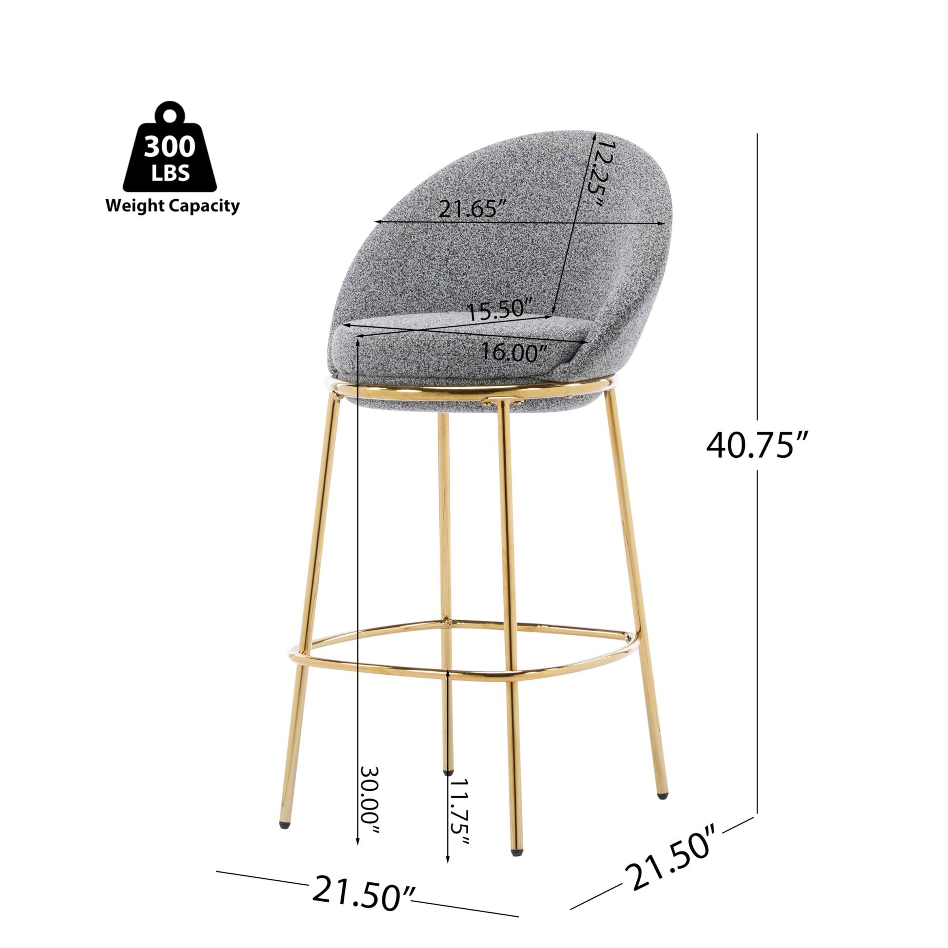 GDFStudio Set of 6 Indoor Metal Upholstered Barstools,Gold-Plated Frame - Modern Ergonomic Bar Chairs with Plush Seat & Half-Moon Backrest for Kitchen Island,Home Bar,Counter,30" Seat Height,Gray